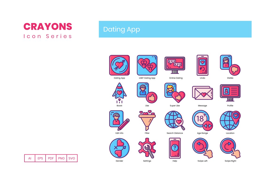 60枚约会主题APP矢量素材库精选图标-蜡笔系列 60 Dating App Icons – Crayon Series插图(1)