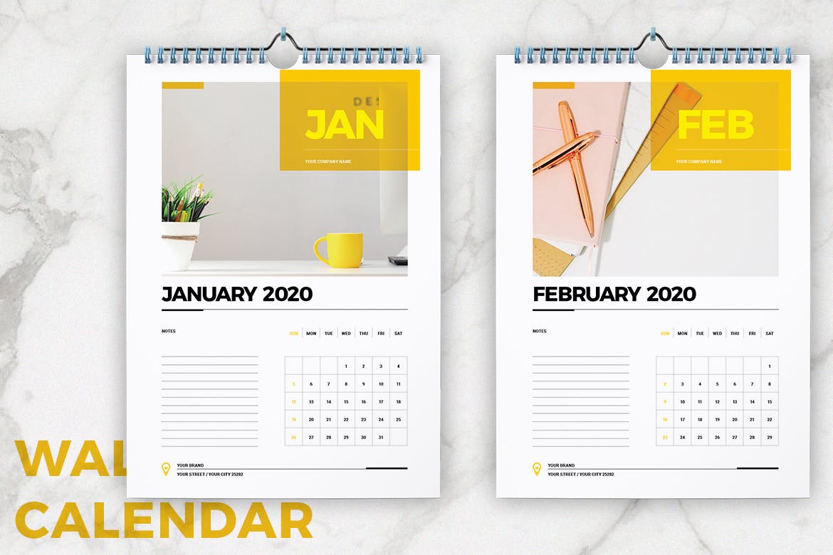 2020年挂墙活页翻页日历表设计模板 Wall Calendar 2020 Layout插图(2)