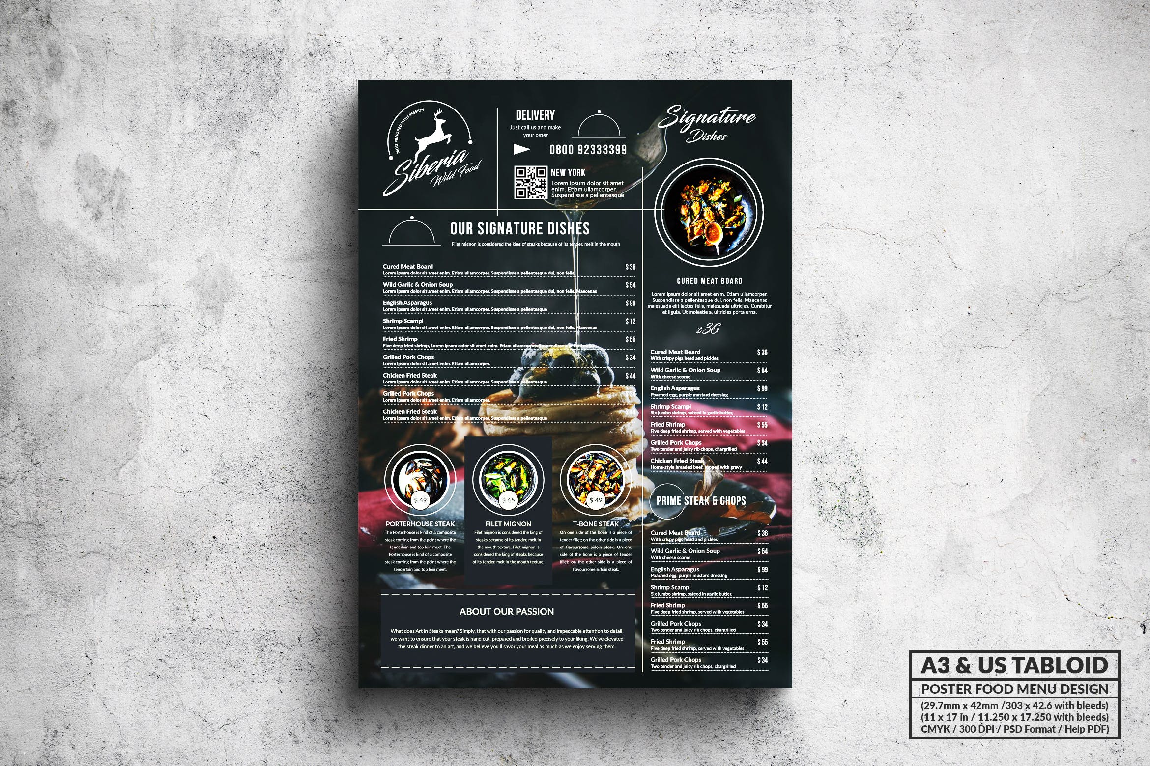 西式餐厅菜单海报PSD素材16设计网精选模板 Elegant Food Menu – A3 & US Tabloid Poster插图