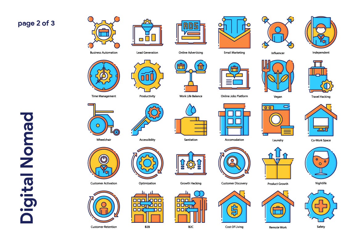 90枚数字游民主题填色线性素材库精选图标 Digital Nomad Icon Set插图(2)