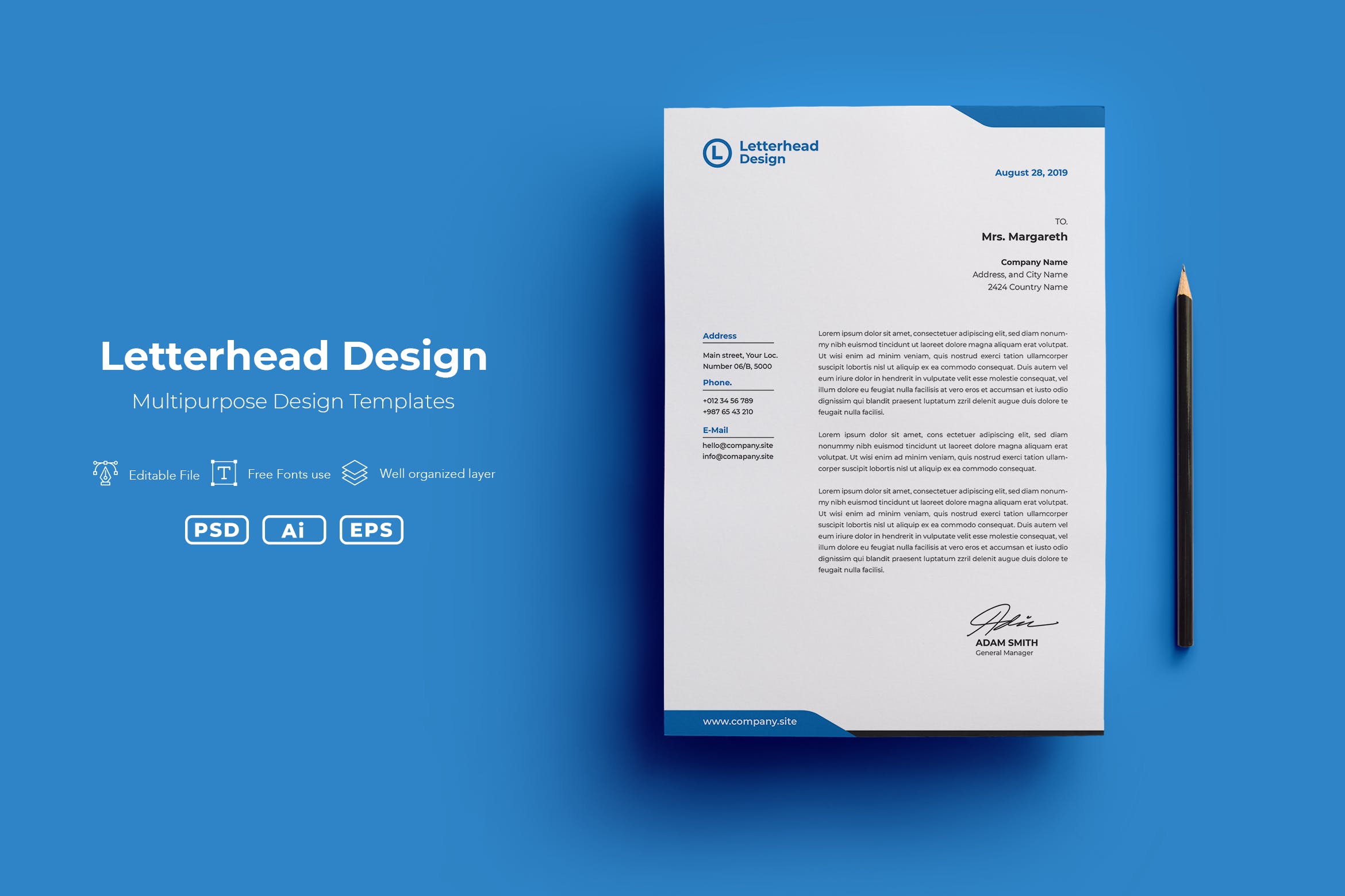 蓝白配色科技企业信纸设计模板v02 ADL Letterhead Templates.v02插图