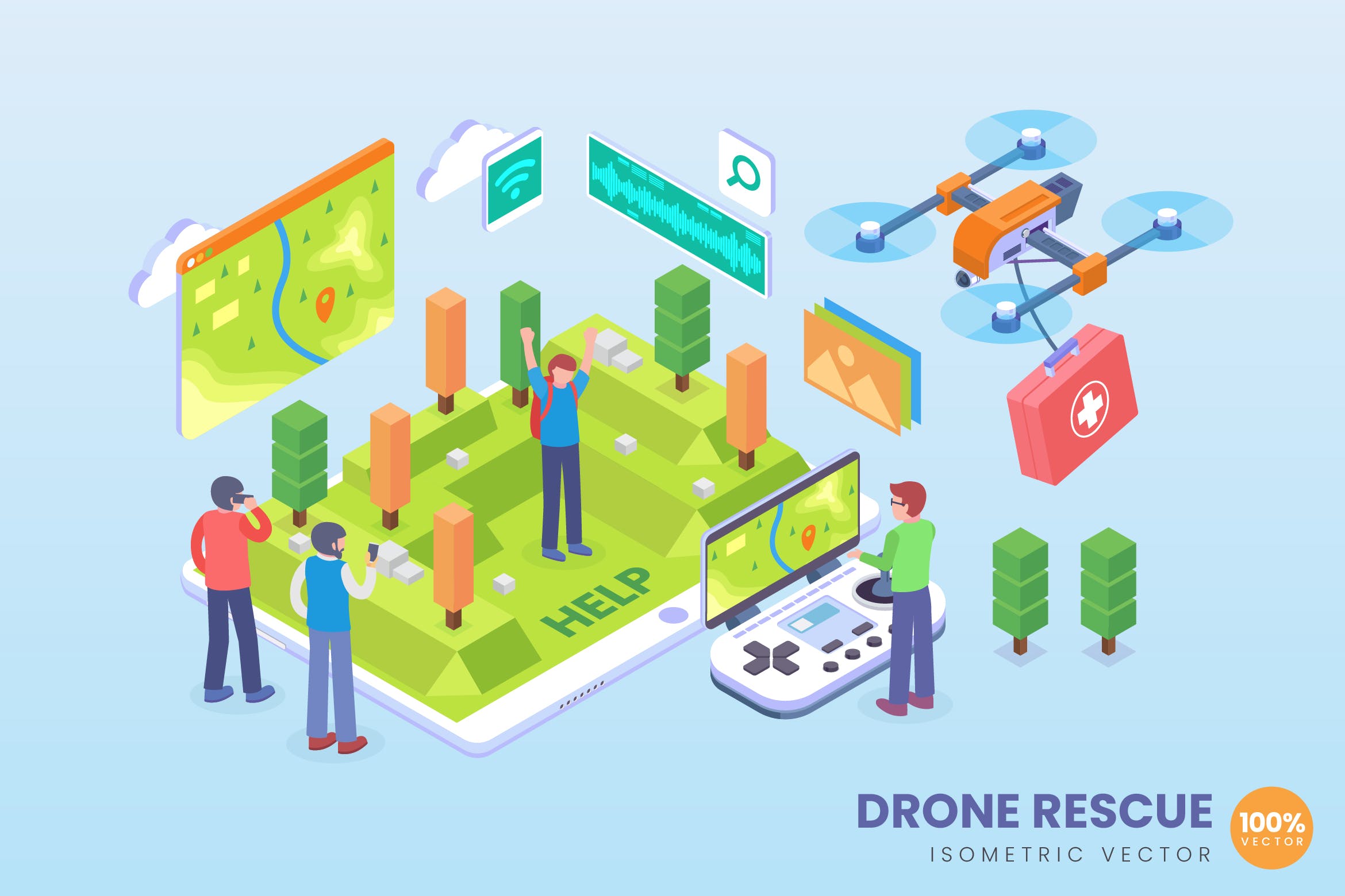 无人机救援主题等距矢量科技素材库精选概念插画 Isometric Drone Rescue Vector Concept插图