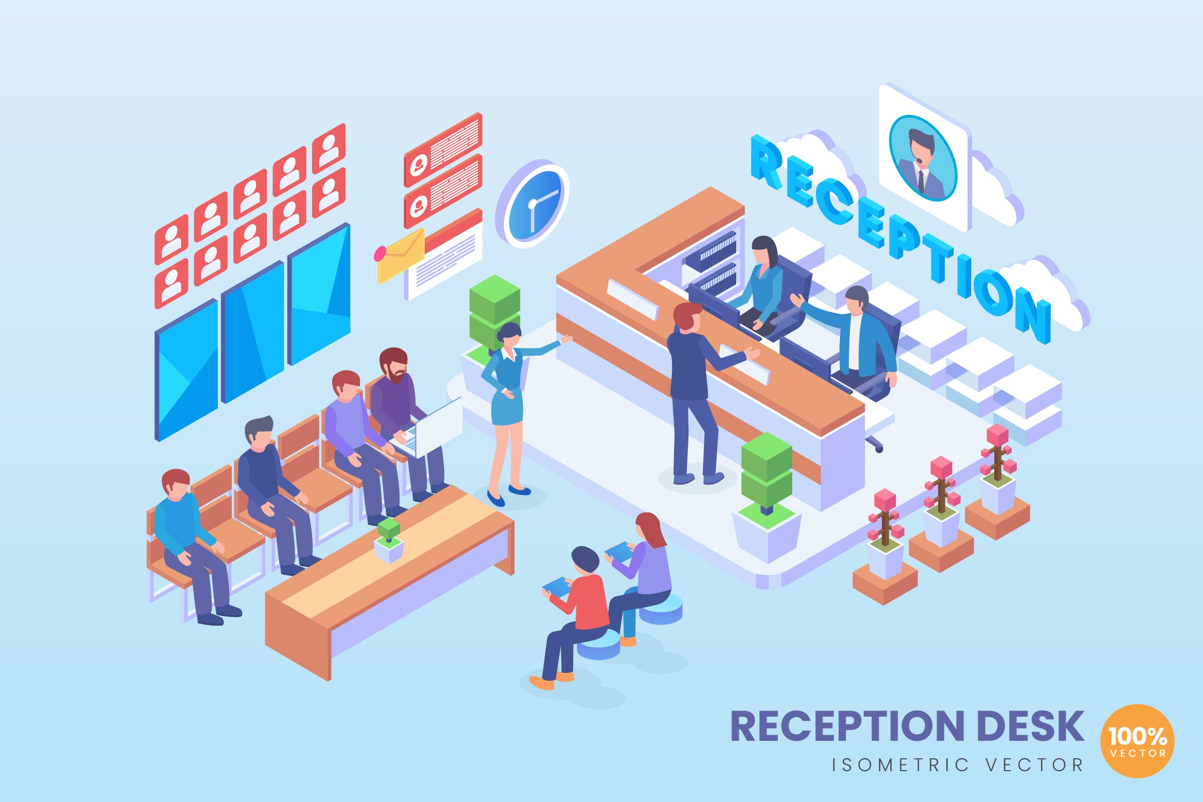 客户服务中心场景2.5D等距概念矢量插画非凡图库精选 Isometric Reception Desk Vector Concept插图