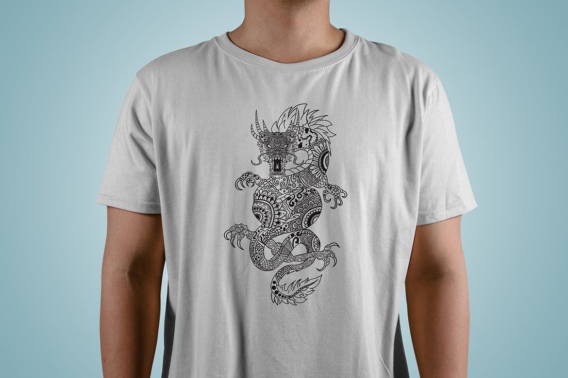 龙-曼陀罗花手绘T恤印花图案设计矢量插画素材库精选素材 Dragon Mandala T-shirt Design Vector Illustration插图(2)