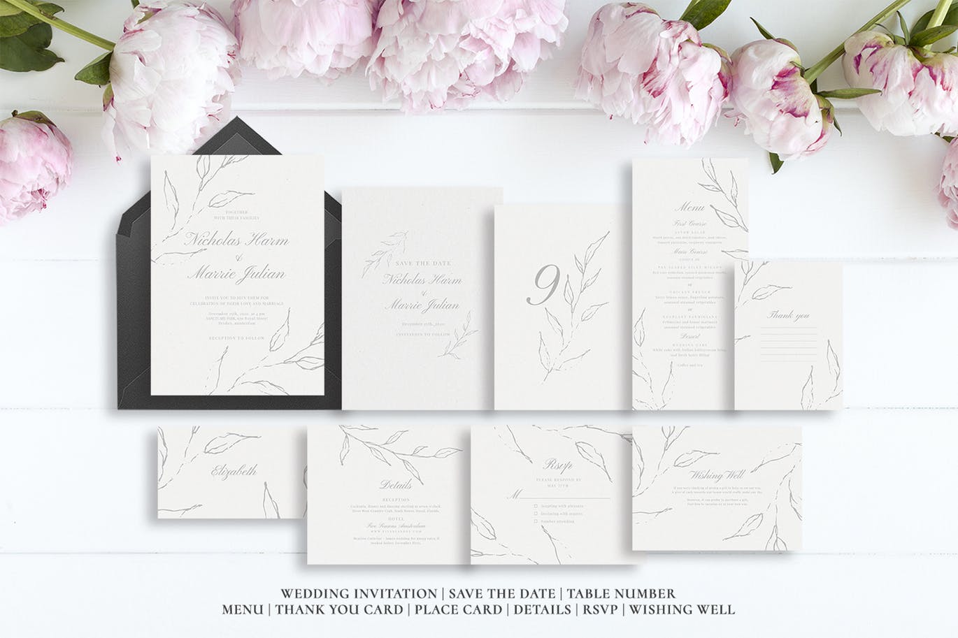 优雅手绘花卉图案婚礼主题设计素材包 Elegant Floral Wedding Suite插图(5)