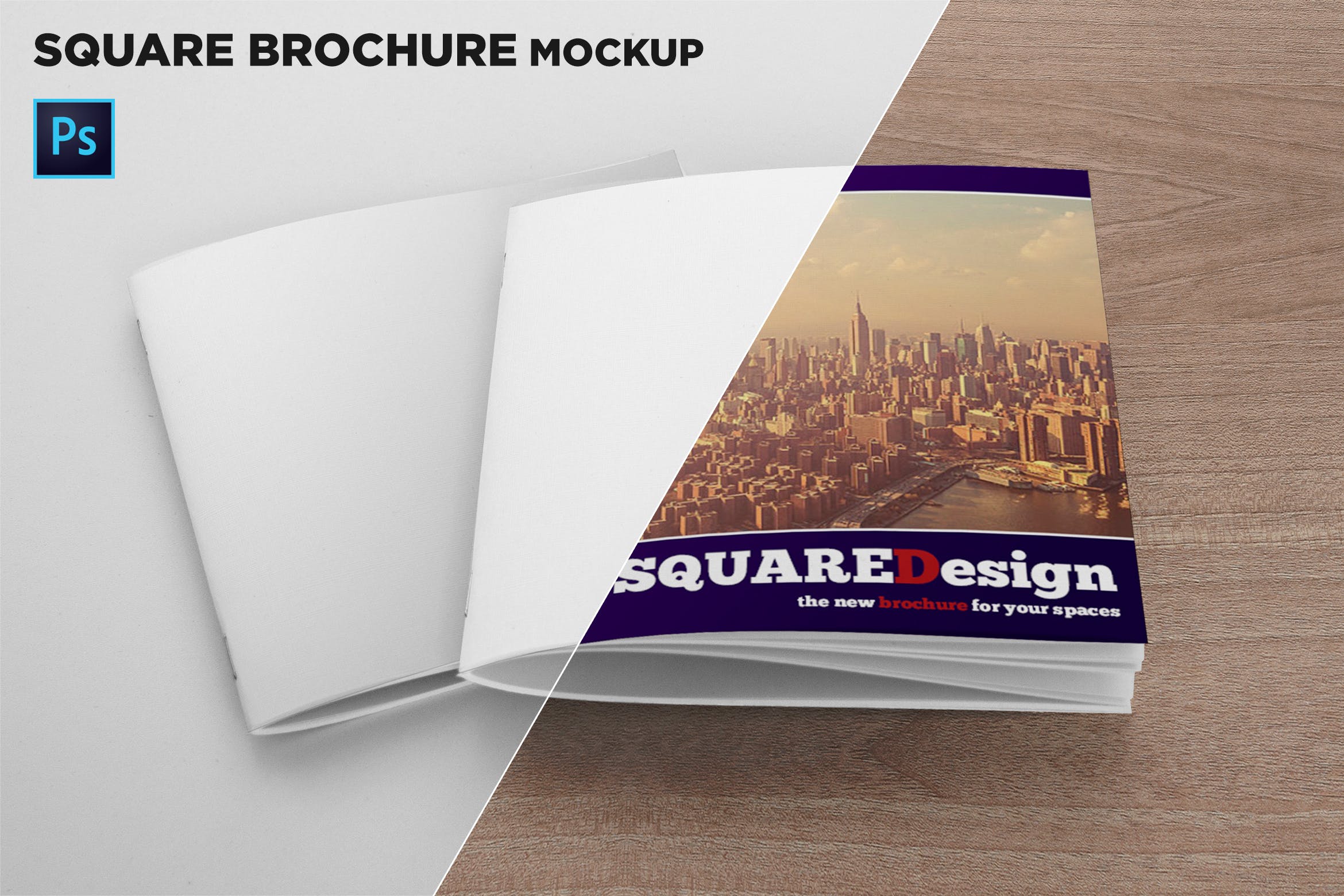 方形画册产品手册叠放效果图样机16图库精选 2 Square Covers Brochure Mockup插图