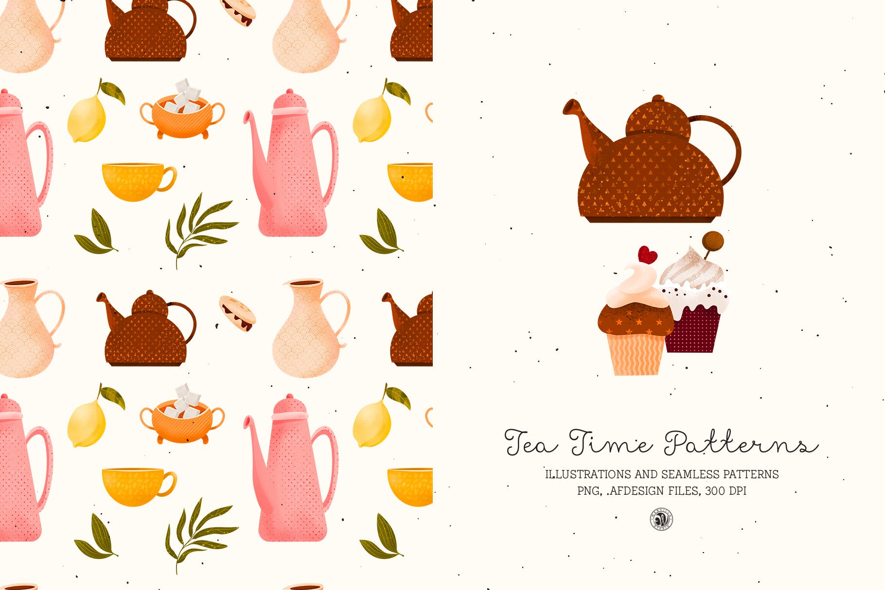 下午茶时光主题点心甜点手绘图案无缝背景素材 Tea Time Patterns插图(5)
