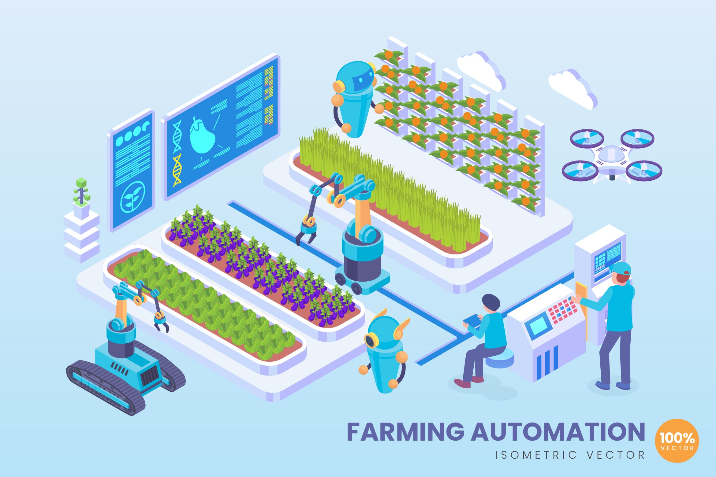 有机农业自动化科技主题等距矢量普贤居精选概念插画素材 Isometric Organic Farming Automation Vector插图