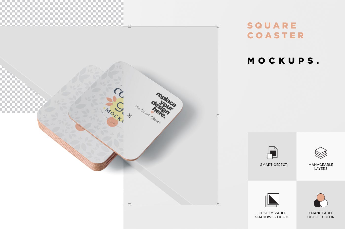 圆角方形杯垫图案设计非凡图库精选模板 Square Coaster Mock-Up with Round Corner插图(5)