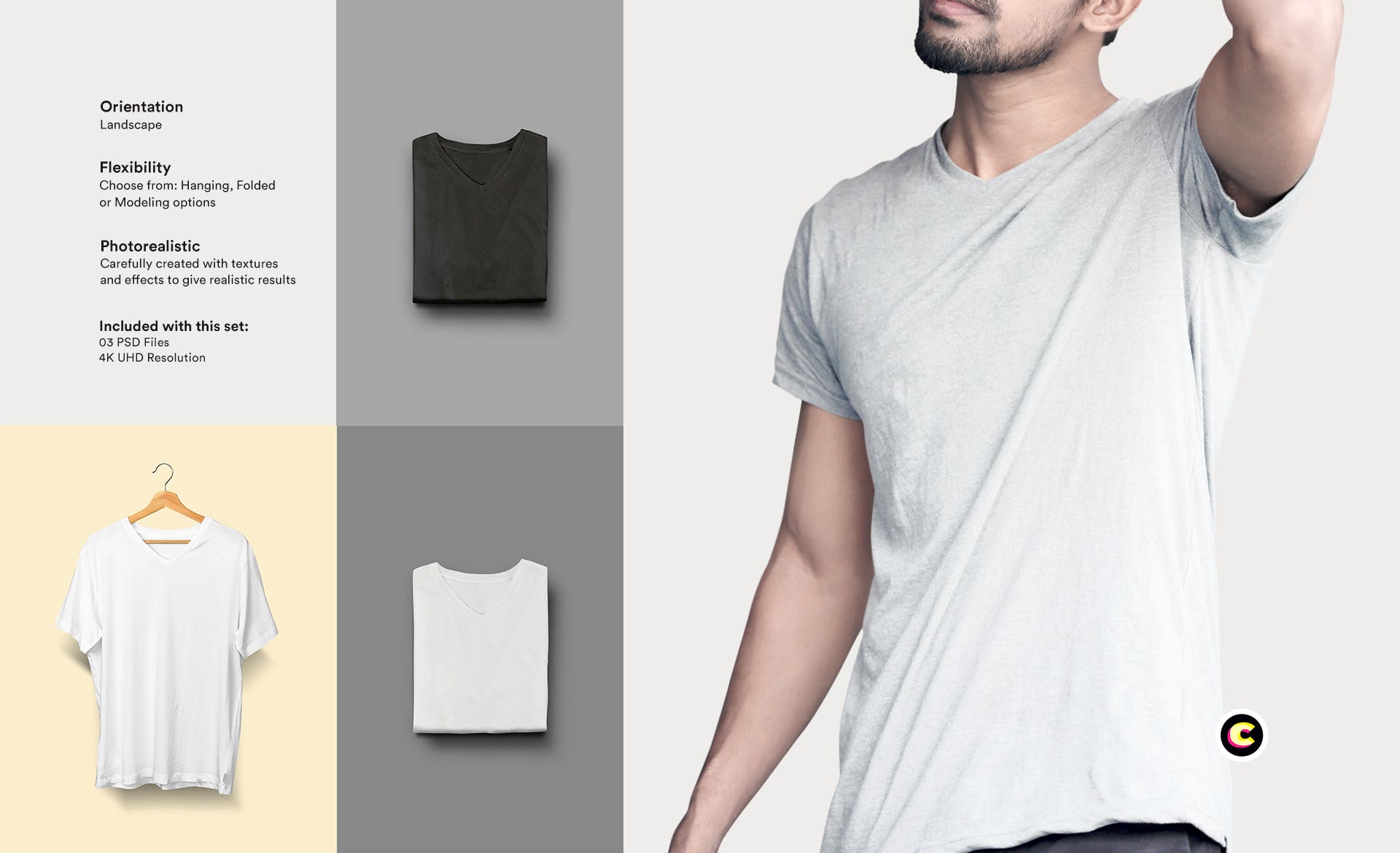 经典V领T恤作品设计展示样机16设计网精选模板 V-Neck T-Shirt Mock-up插图(1)