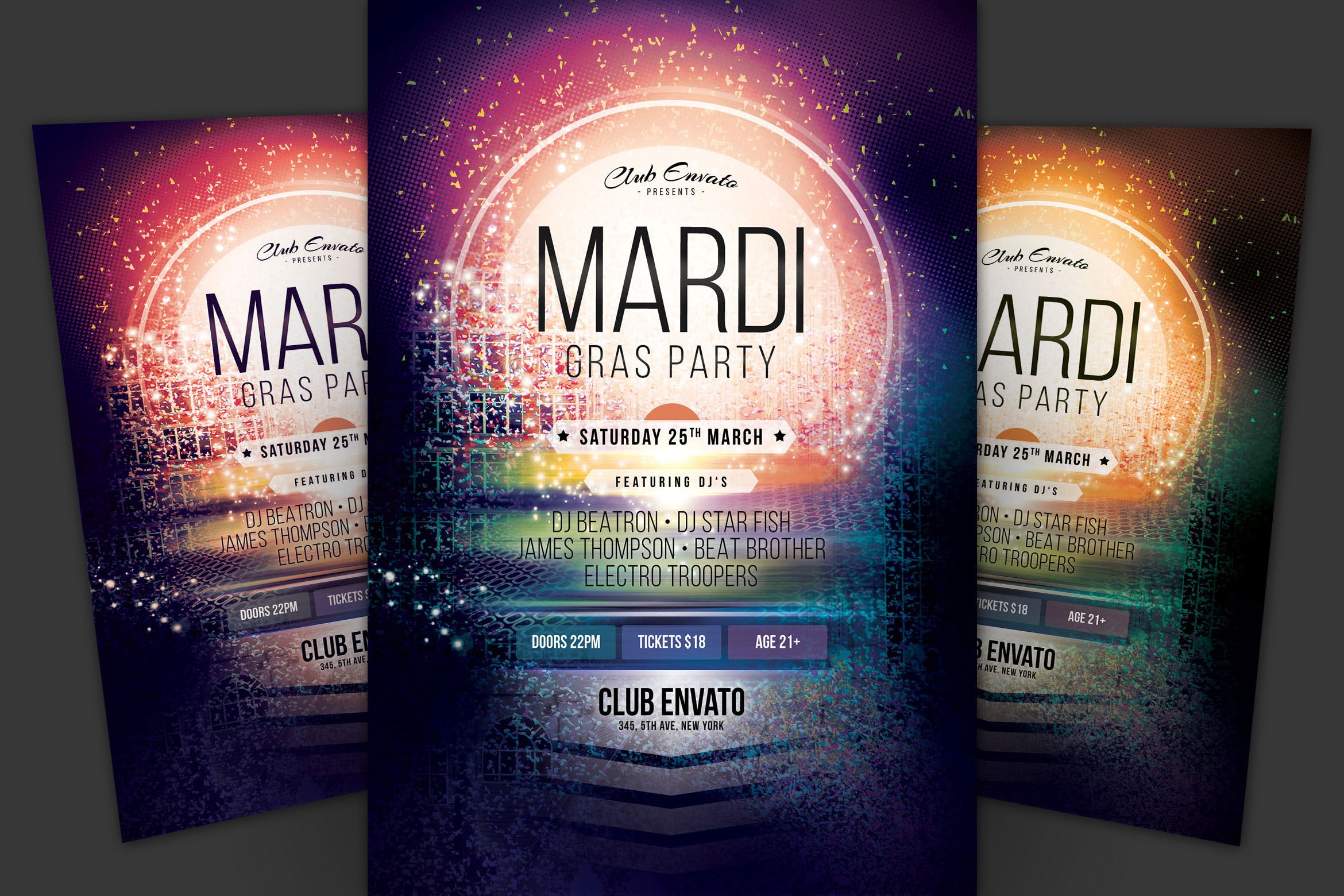 狂欢节庆祝活动海报传单16图库精选PSD模板 Mardi Gras Party Flyer插图