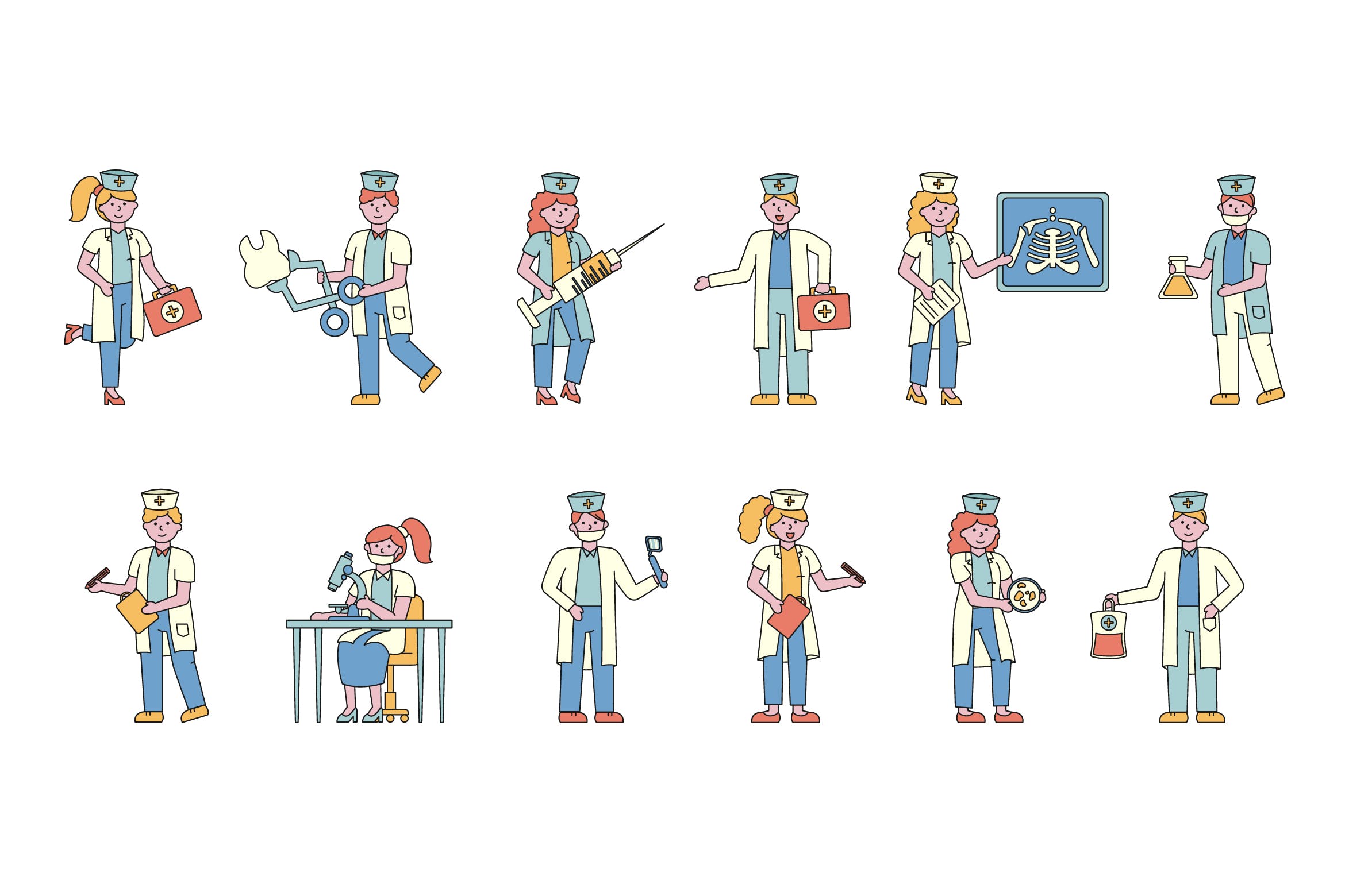 医院医疗人物形象线条艺术矢量插画素材库精选素材 Medical Lineart People Character Collection插图
