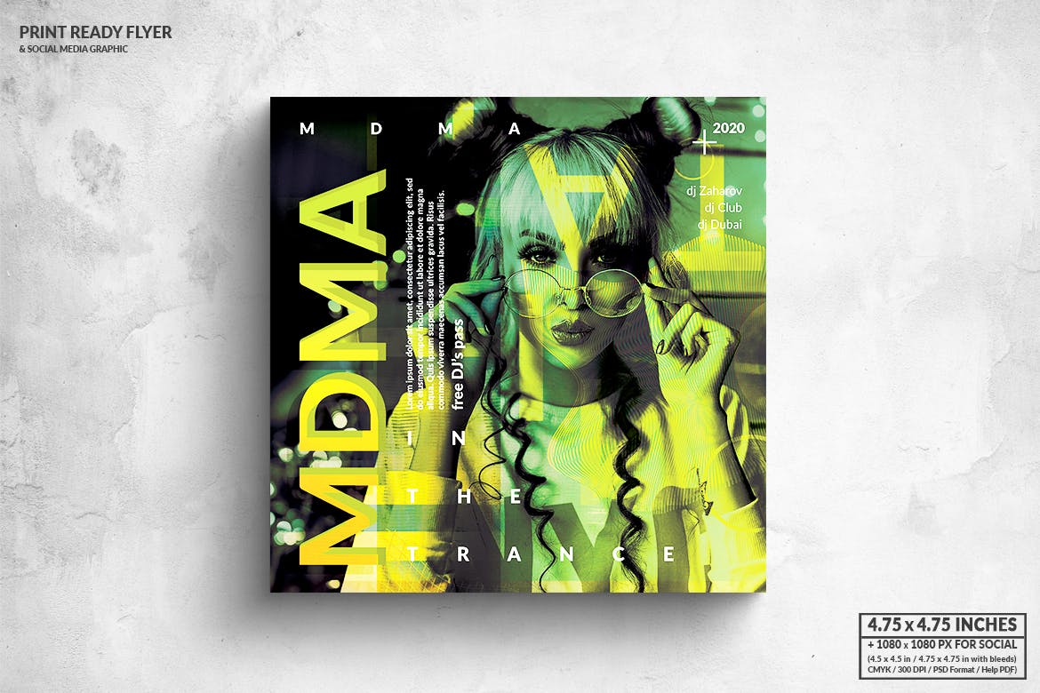 音乐主题派对活动方形宣传单&社交广告设计模板 MDMA Music Party Square Flyer & Social Media插图(1)