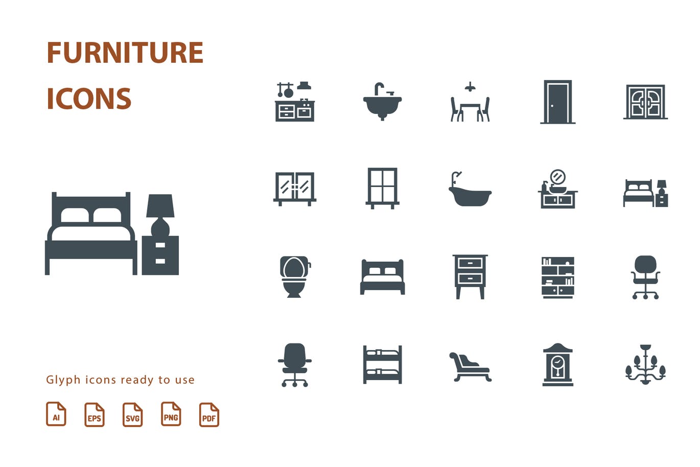 20枚家具主题矢量轮廓16设计素材网精选图标v1 Furniture Glyph Part 1插图(1)
