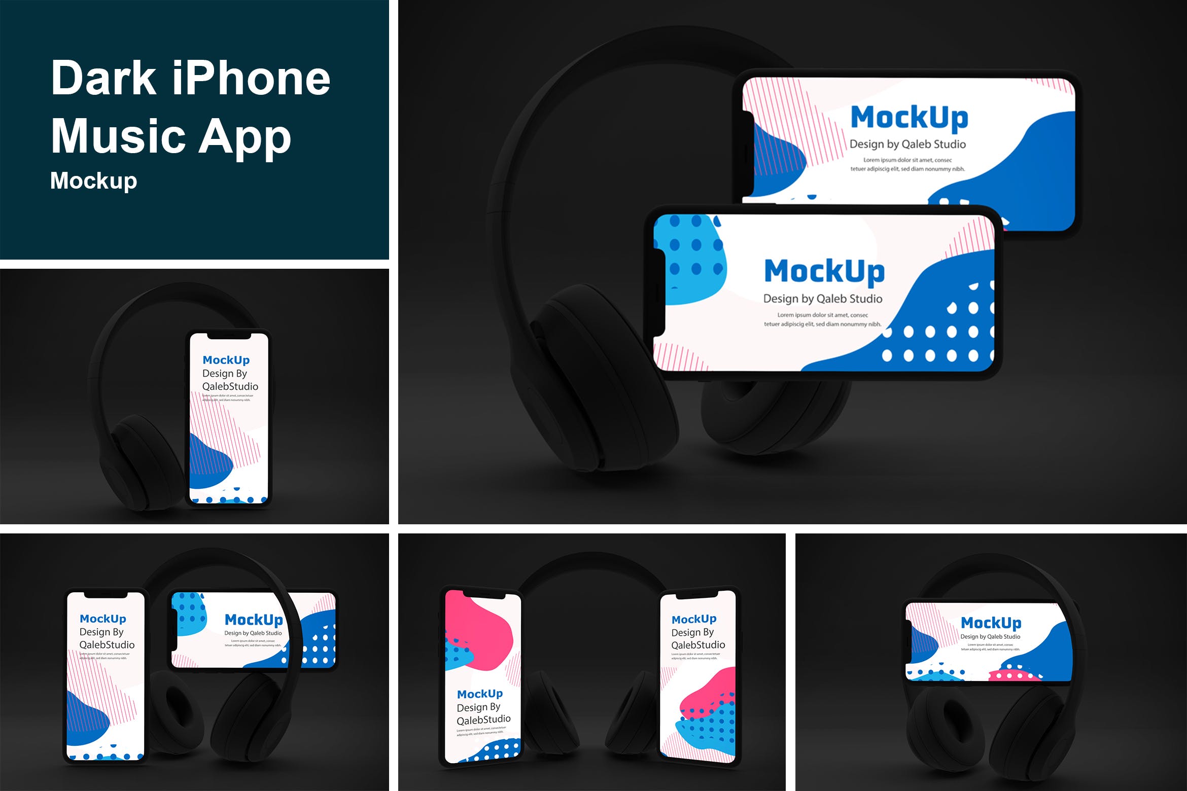 深色背景iPhone音乐APP应用UI设计效果图素材库精选样机 Dark iPhone Music App Mockup插图