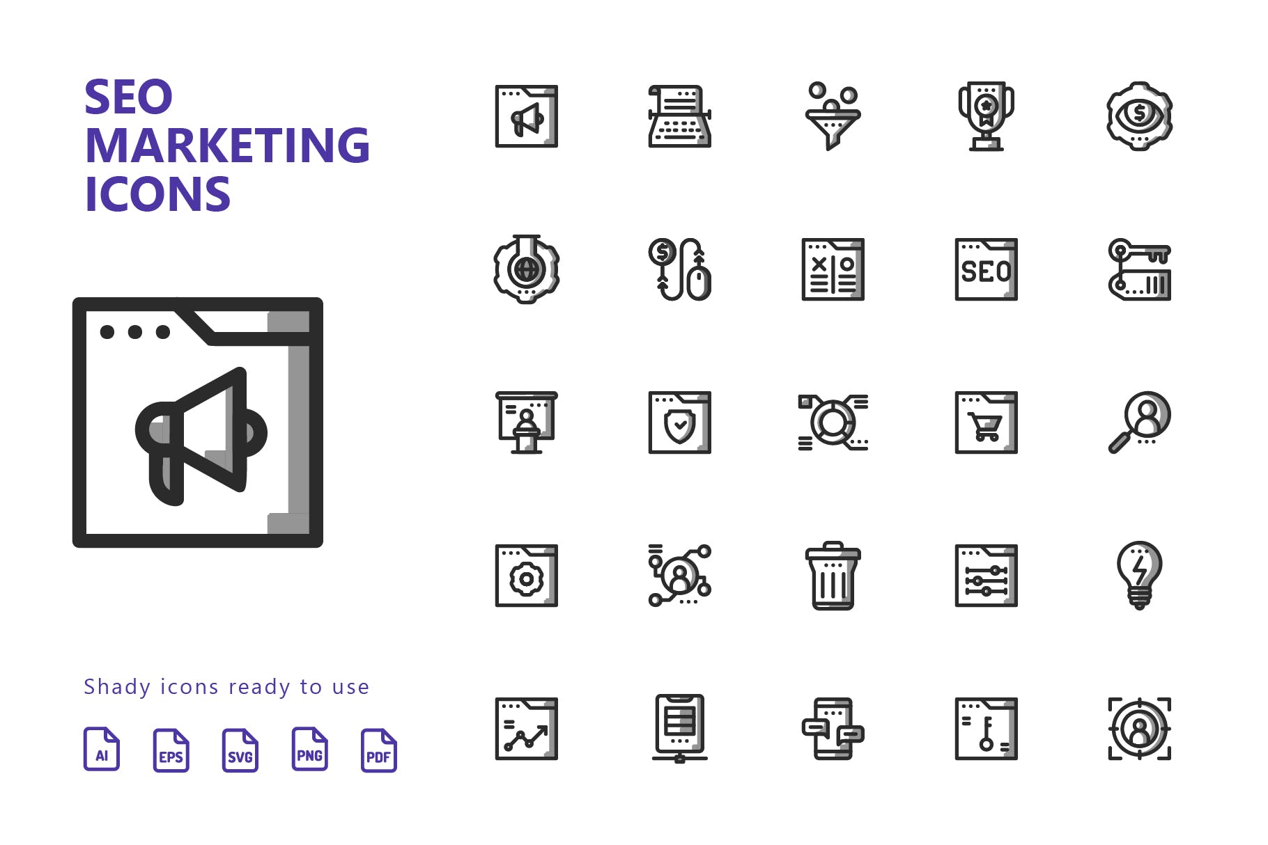25枚SEO搜索引擎优化营销矢量阴影亿图网易图库精选图标v2 SEO Marketing Shady Icons插图(1)