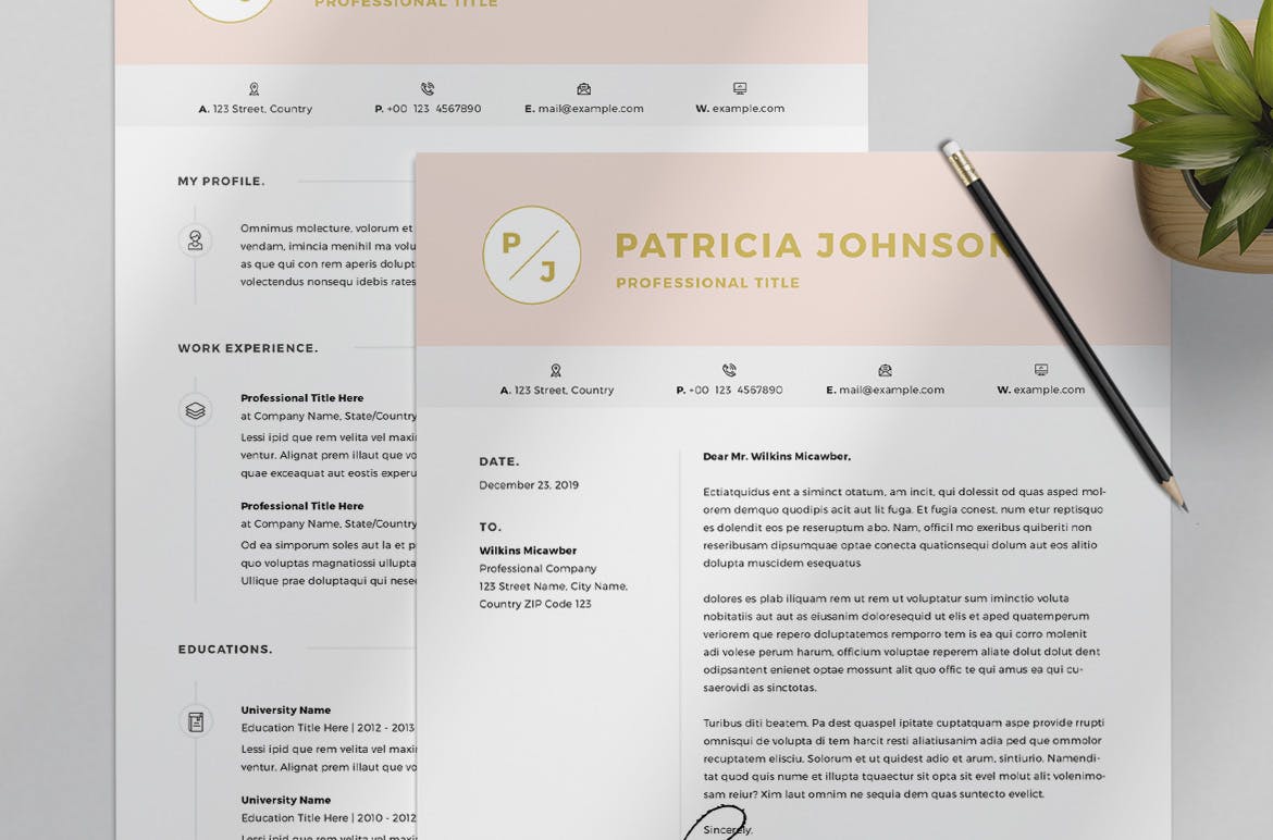 粉色标题网页设计师/网站开发素材库精选简历模板 Resume Layout Set with Pink Header插图(3)