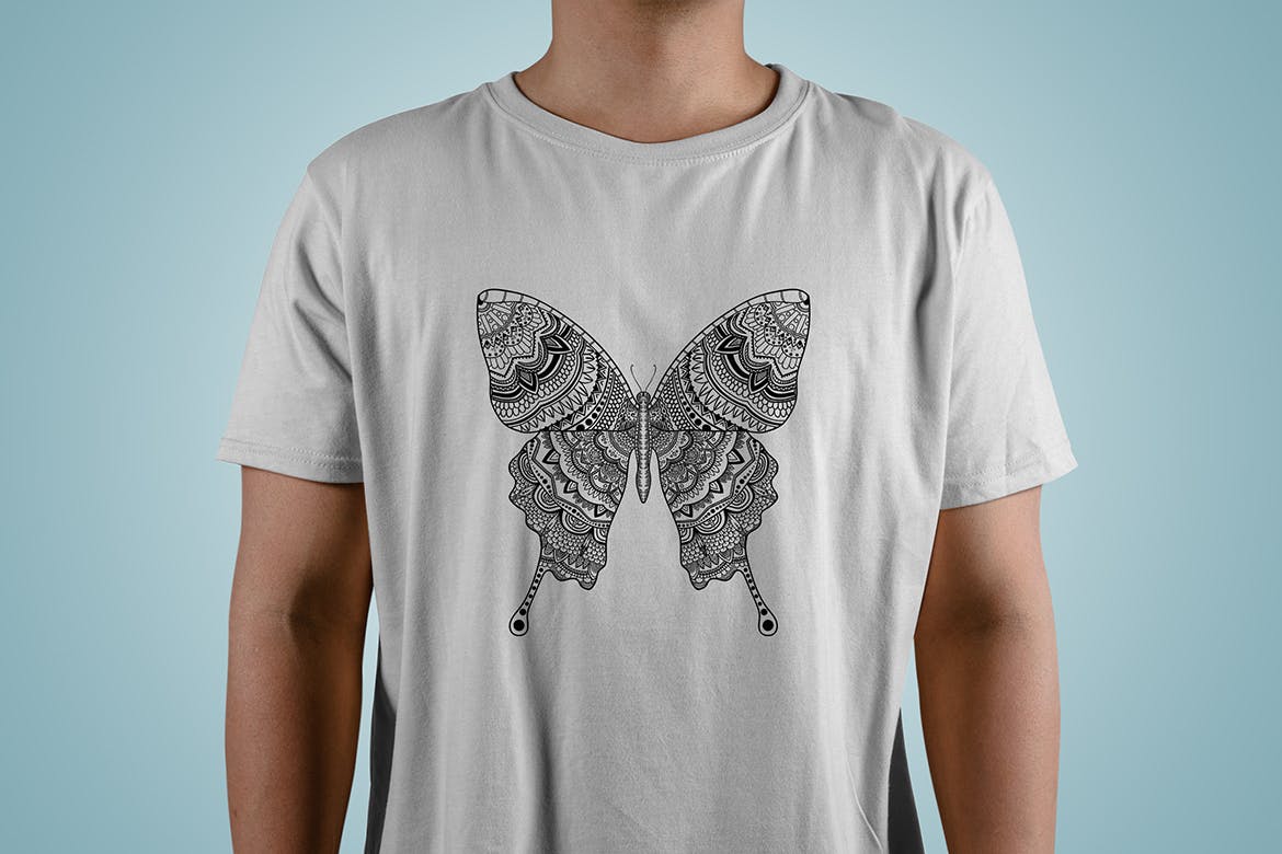 蝴蝶-曼陀罗花手绘T恤印花图案设计矢量插画素材中国精选素材 Butterfly Mandala Tshirt Design Illustration插图(2)
