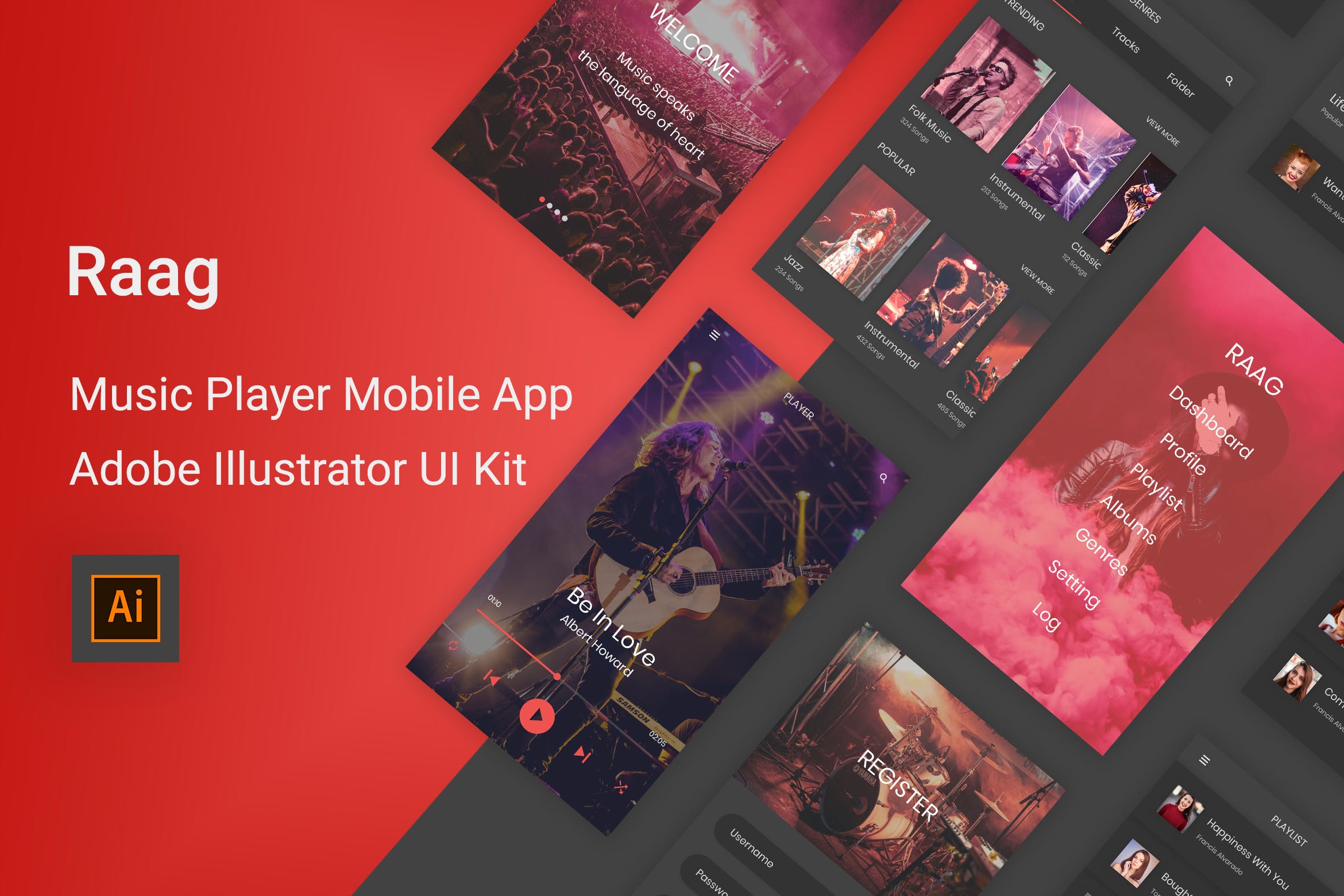 音乐听歌APP应用UI设计素材中国精选套件 Raag – Music Player UI Kit for Adobe Illustrator插图