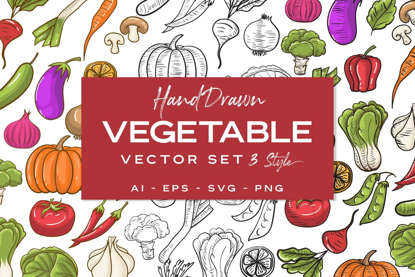 蔬菜水彩手绘图案矢量插画素材库精选素材 Vegetable Handdrawn插图