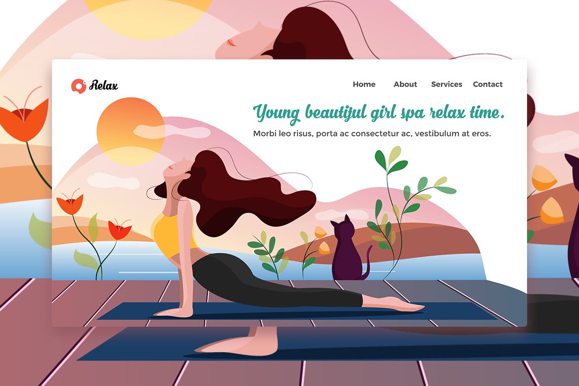 网站着陆页设计瑜伽女郎矢量插画素材v2 Young Beautiful Girl Spa web template Landing Page插图(1)