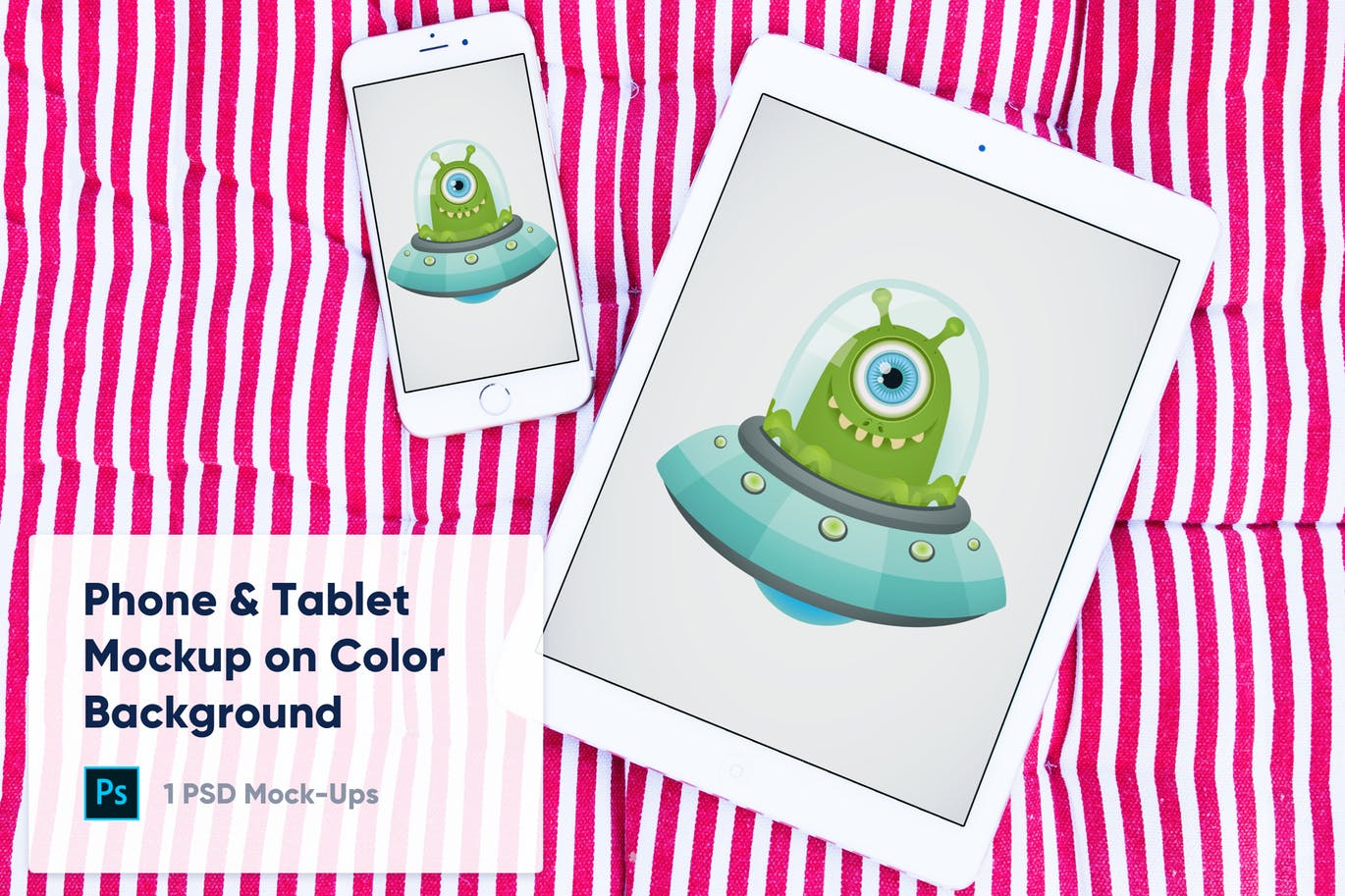 彩色背景平板电脑&手机素材库精选样机模板 1 Tablet & Phone Mockup on Color Background插图