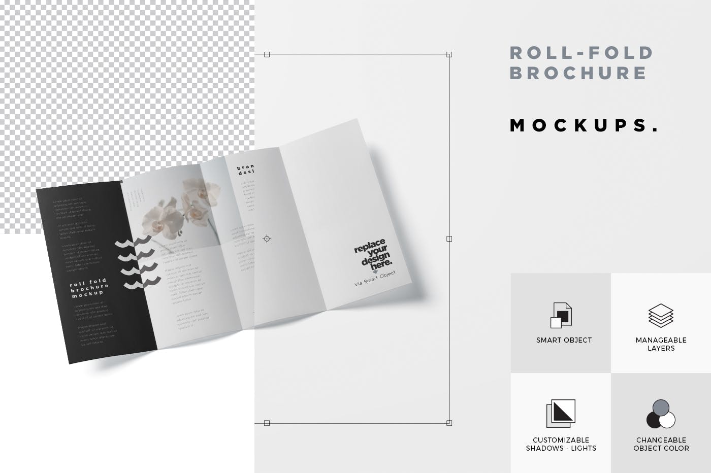 折叠设计风格企业传单/宣传册设计样机普贤居精选 Roll-Fold Brochure Mockup – DL DIN Lang Size插图(6)