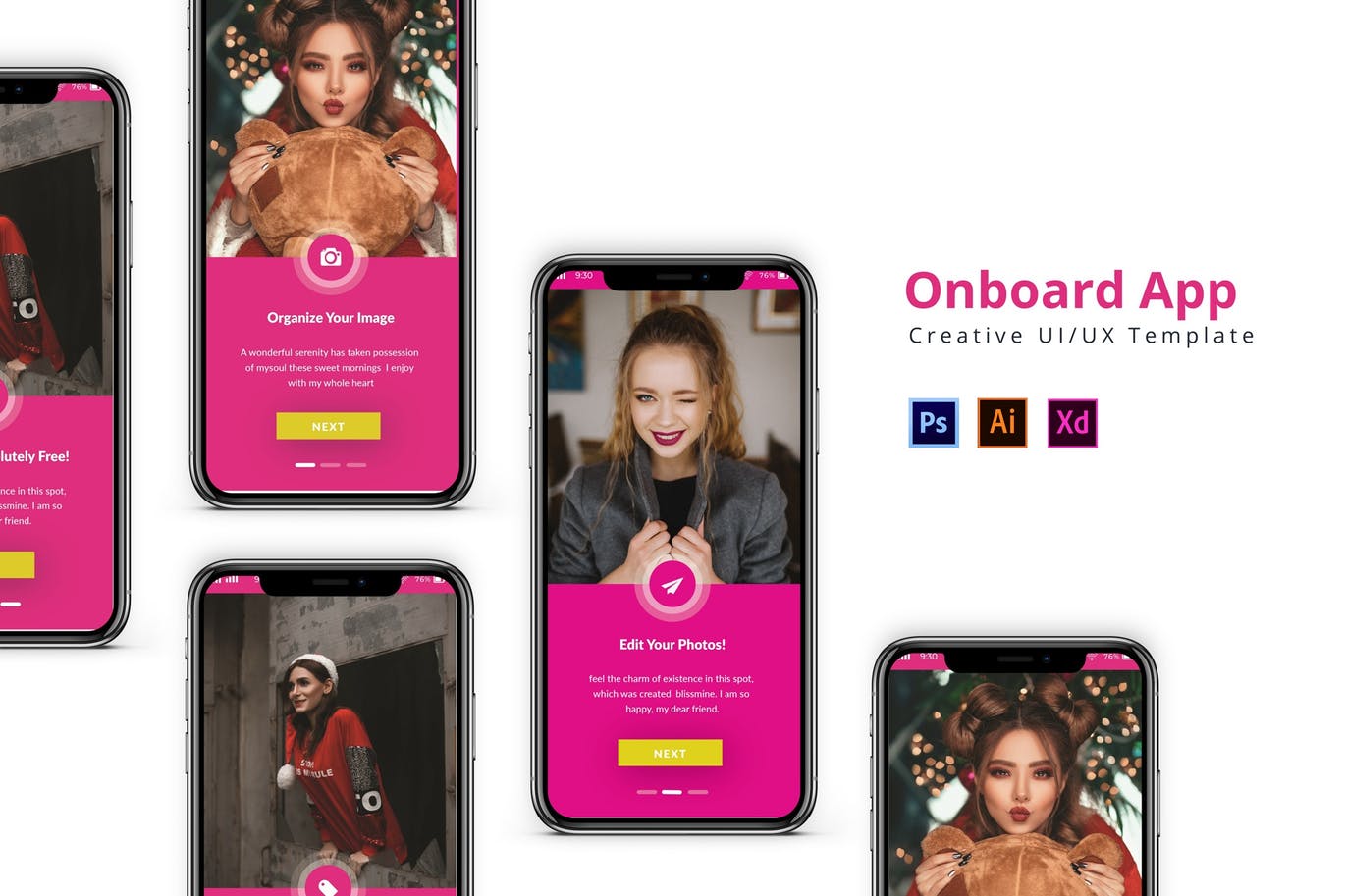 粉红色创意APP启动页设计模板 Onboard App Design插图