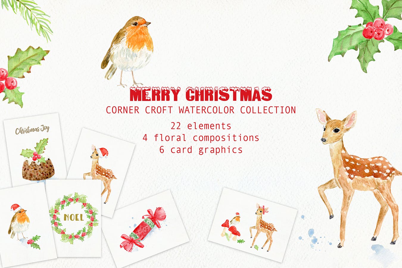 水彩设计风格圣诞节主题卡片设计模板 Watercolor Merry Christmas Cards插图