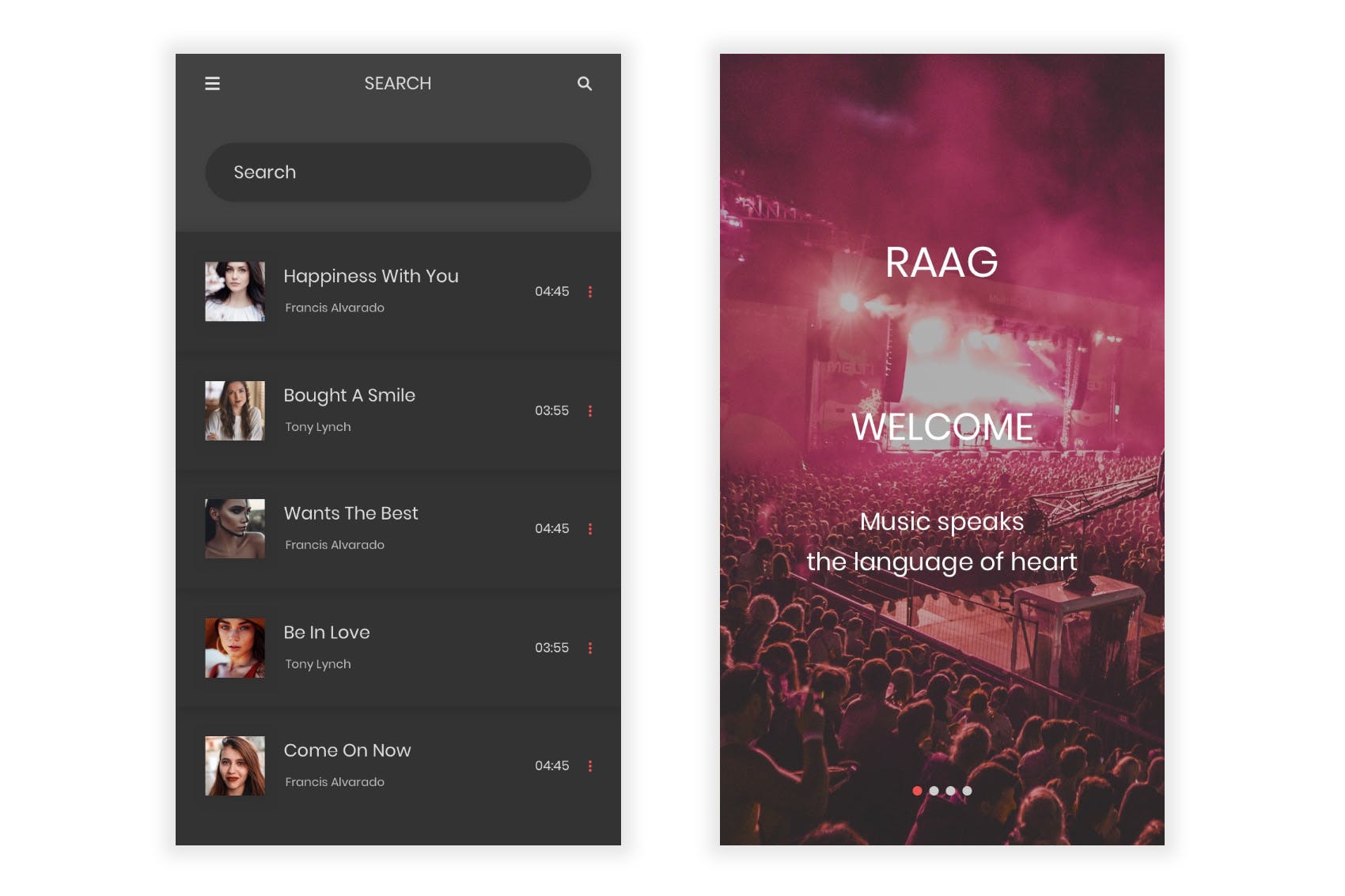 音乐听歌APP应用UI设计16图库精选套件 Raag – Music Player UI Kit for Adobe Illustrator插图(1)