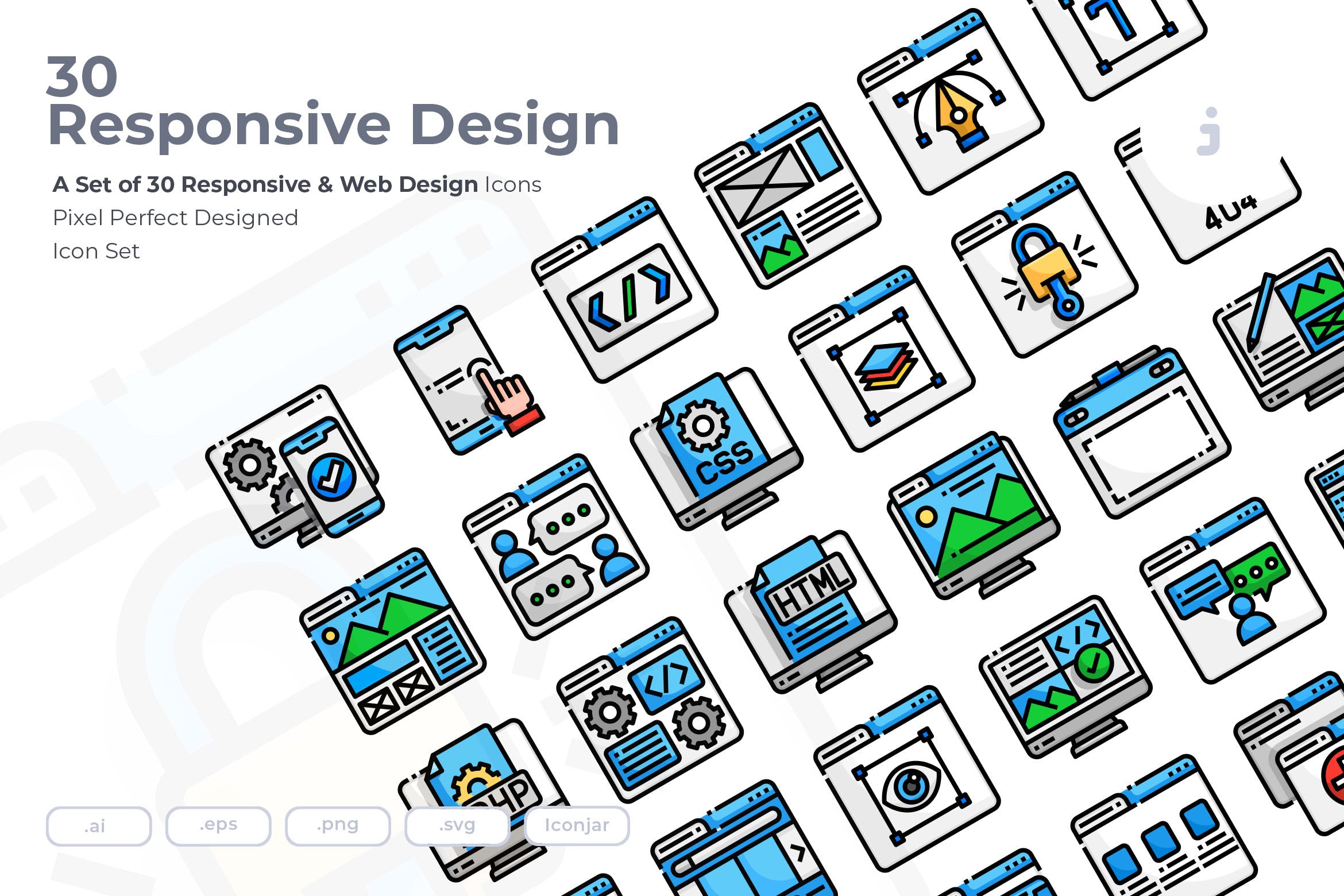 30枚彩色响应式网站设计矢量素材库精选图标 30 Responsive & Web Design Icons插图