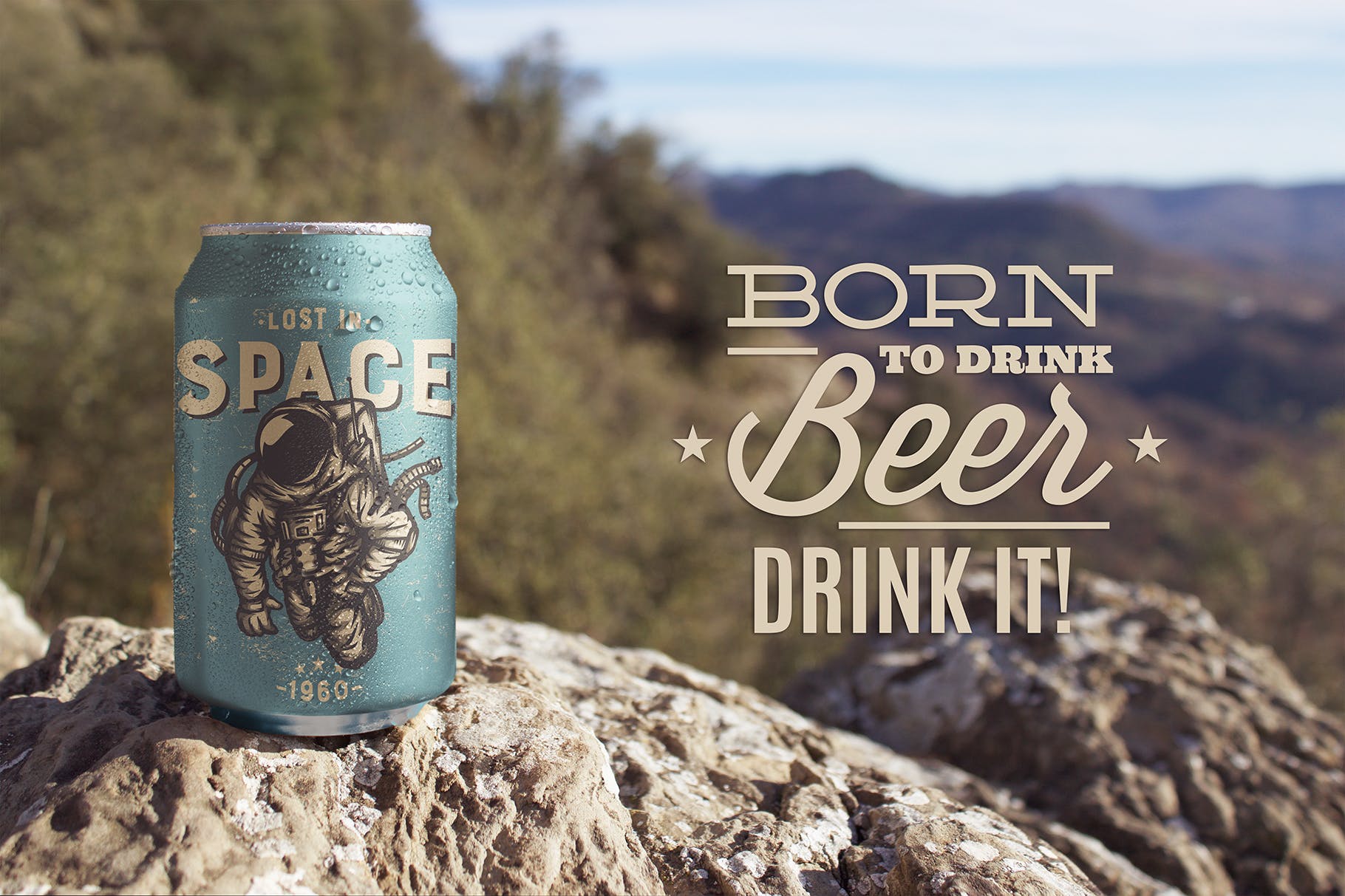 野外岩石场景啤酒易拉罐设计效果图素材库精选 Nature Beer Can Mockup插图(1)