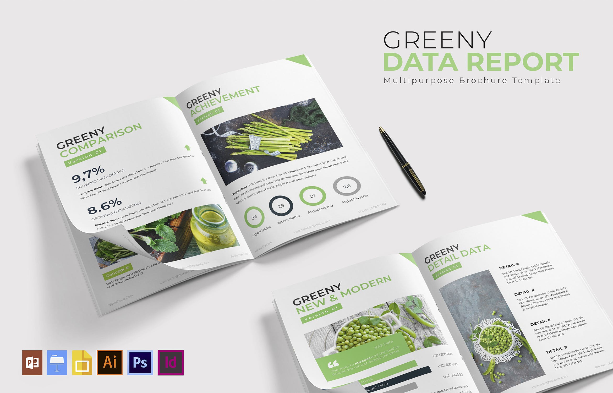 绿色设计风格数据统计分析报告设计模板 Greeny Data Report | Brochure Template插图(1)