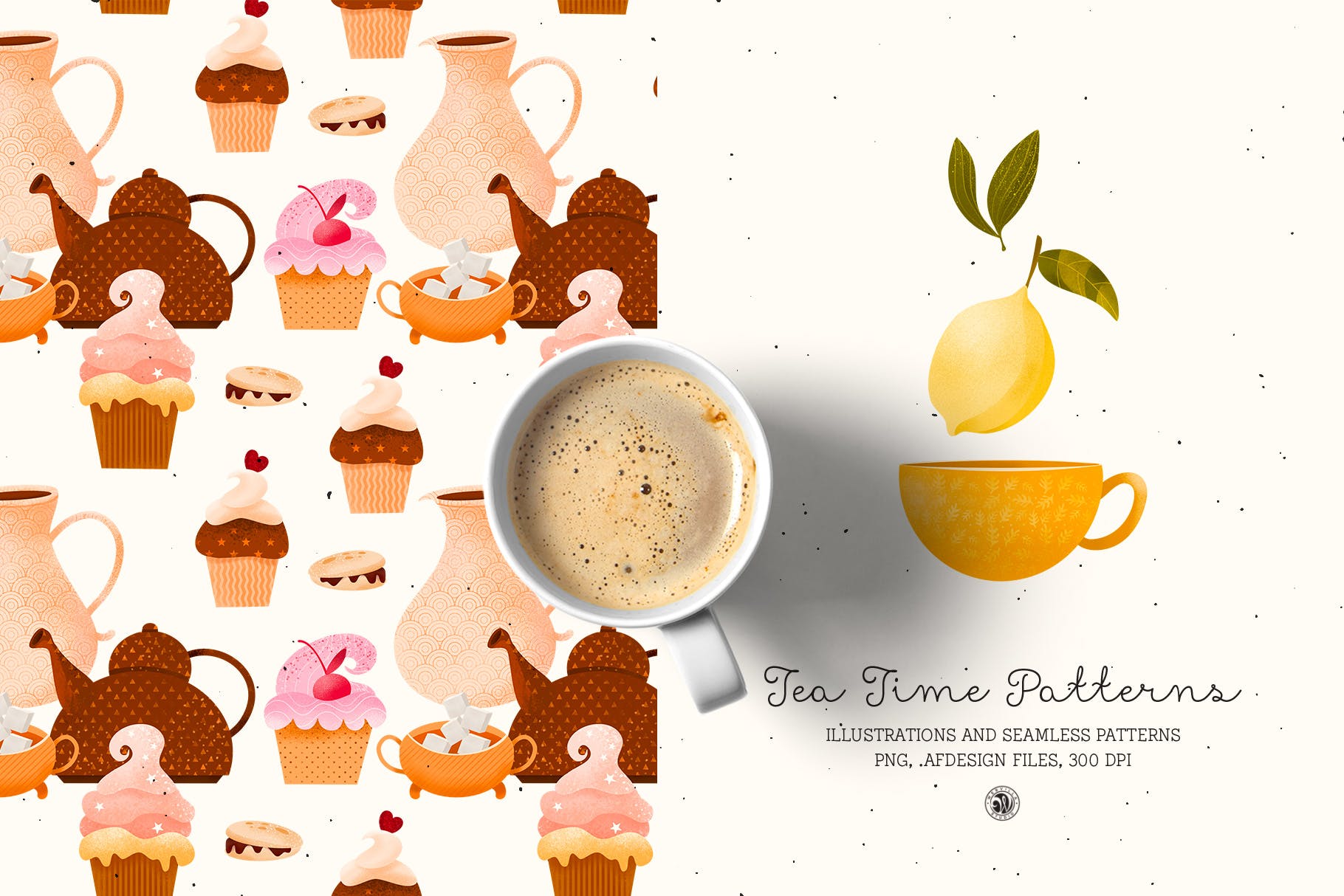 下午茶时光主题点心甜点手绘图案无缝背景素材 Tea Time Patterns插图(1)
