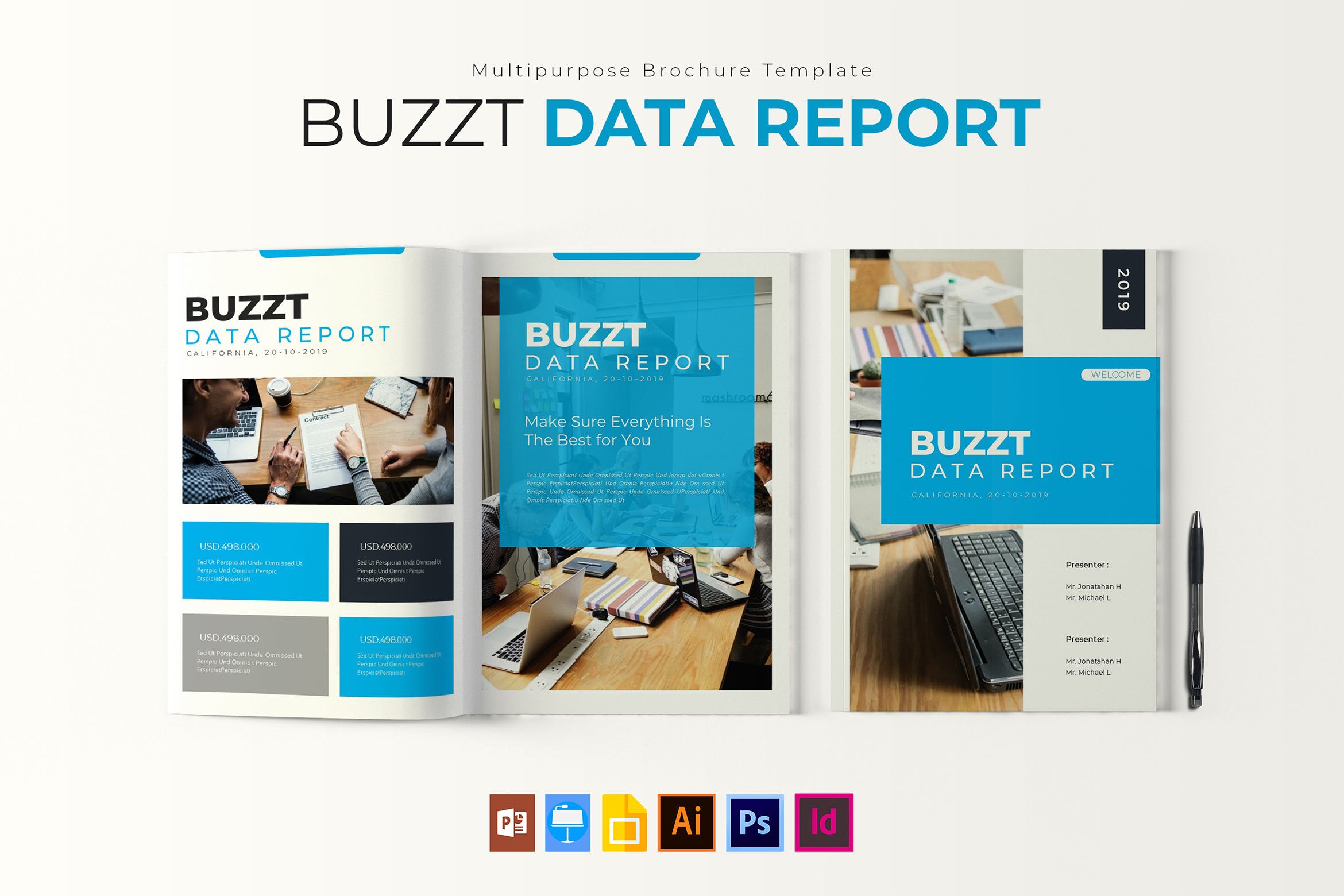 蓝色主题风格数据统计分析报告设计模板 Buzzt Data Report | Brochure Template插图