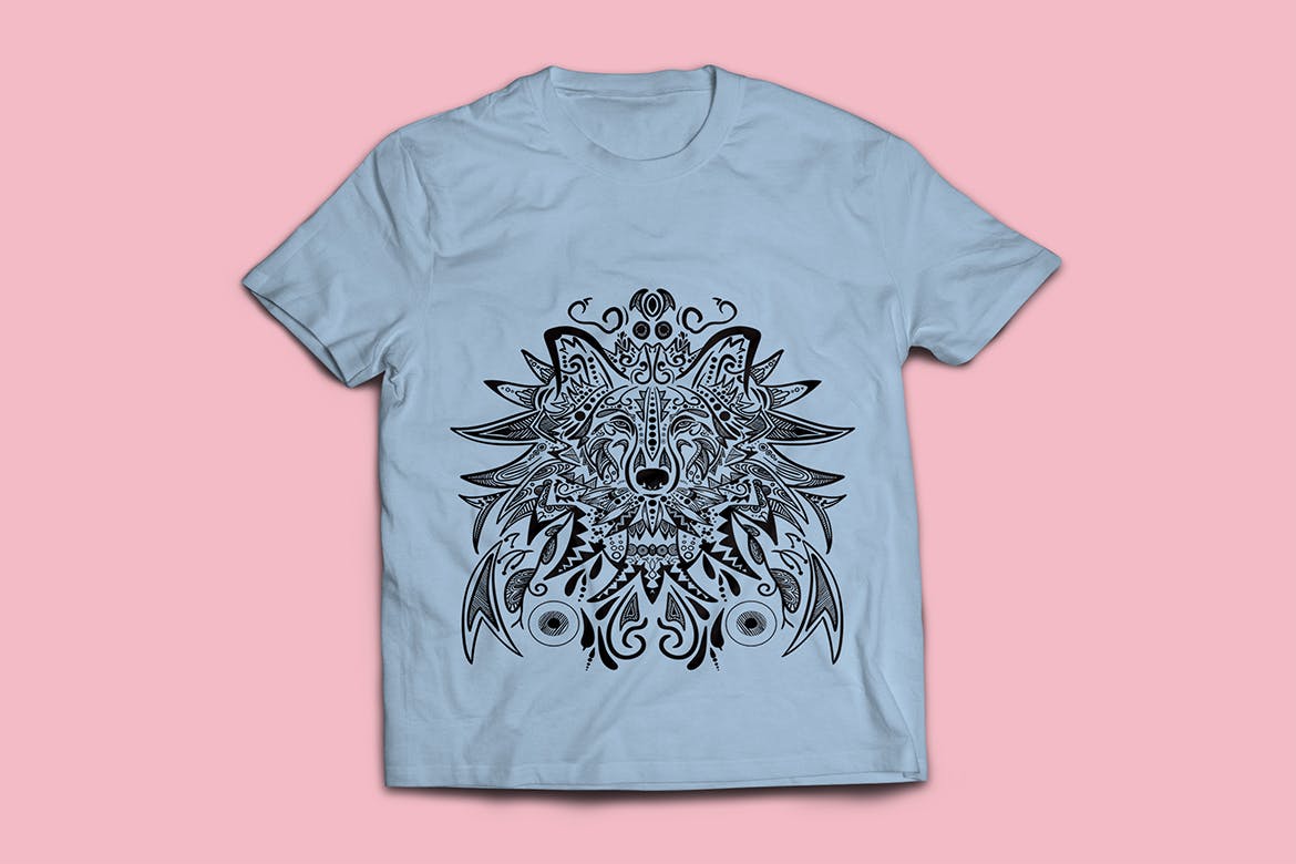 狼-曼陀罗花手绘T恤印花图案设计矢量插画素材库精选素材 Wolf Mandala T-shirt Design Vector Illustration插图(1)