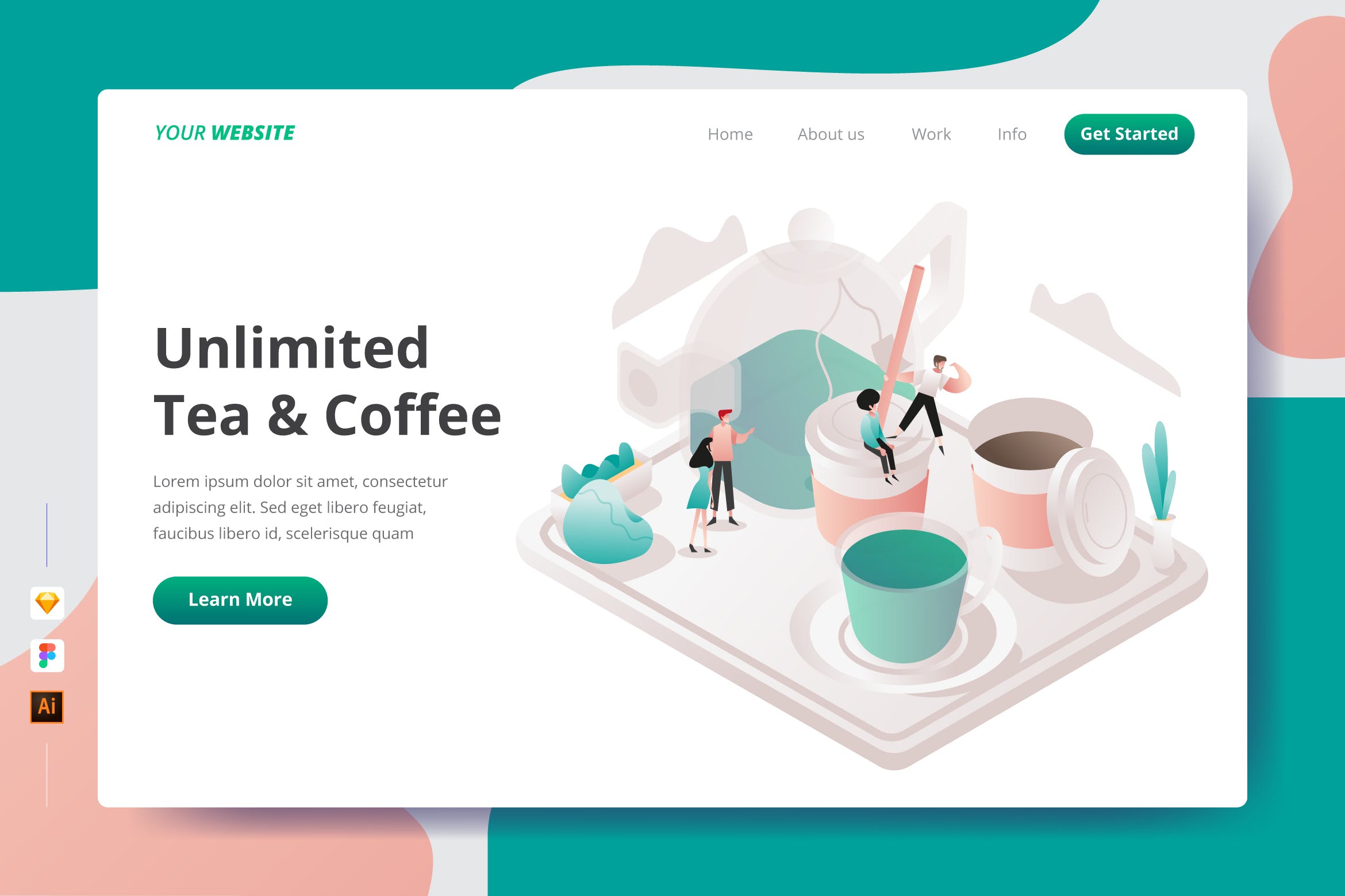 咖啡&饮茶文化主题插画网站着陆页设计素材库精选模板 Unlimited Tea & Coffee – Landing Page插图