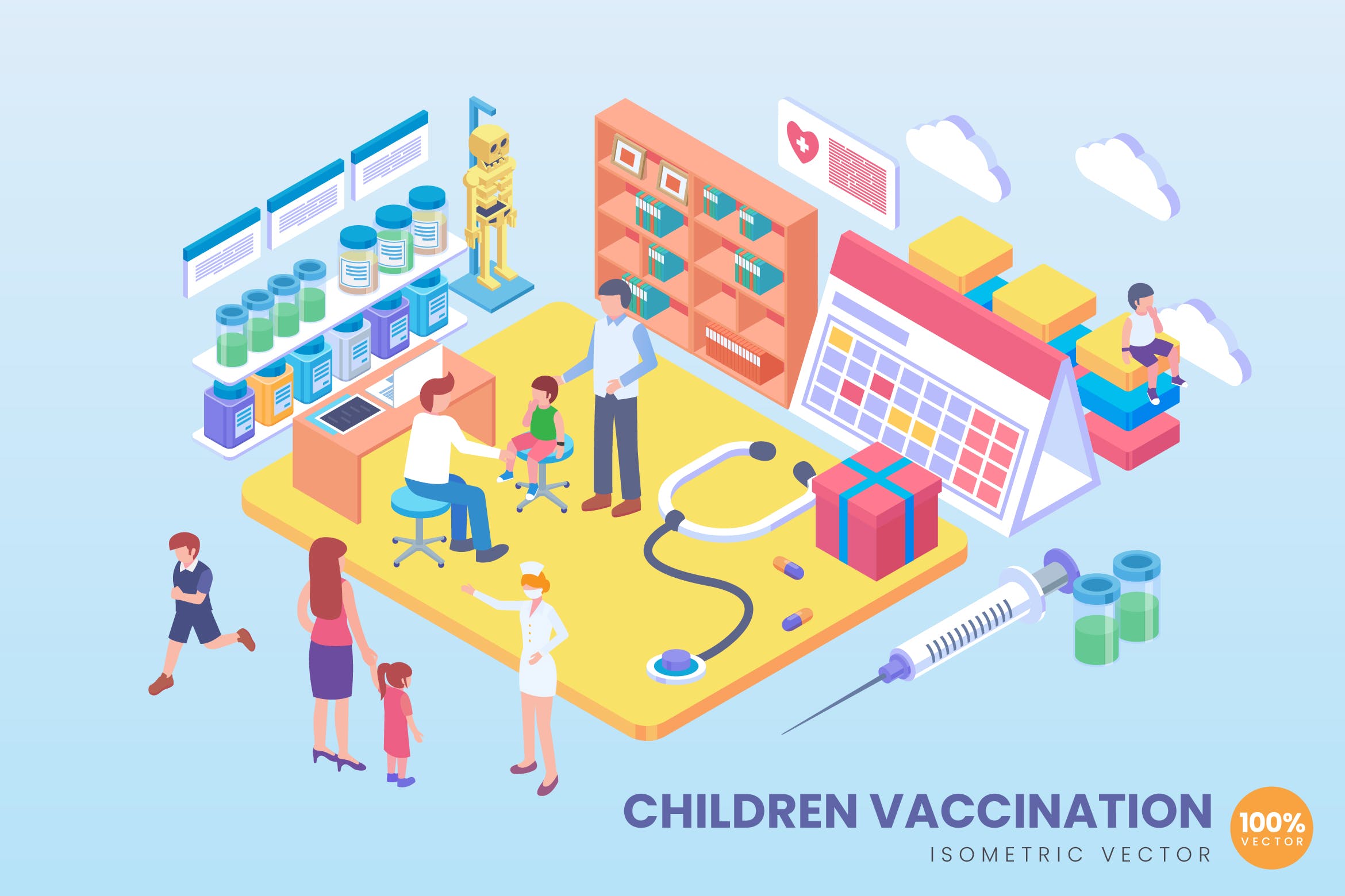 儿童疫苗接种场景等距矢量科技普贤居精选概念插画 Isometric Children Vaccination Vector Concept插图