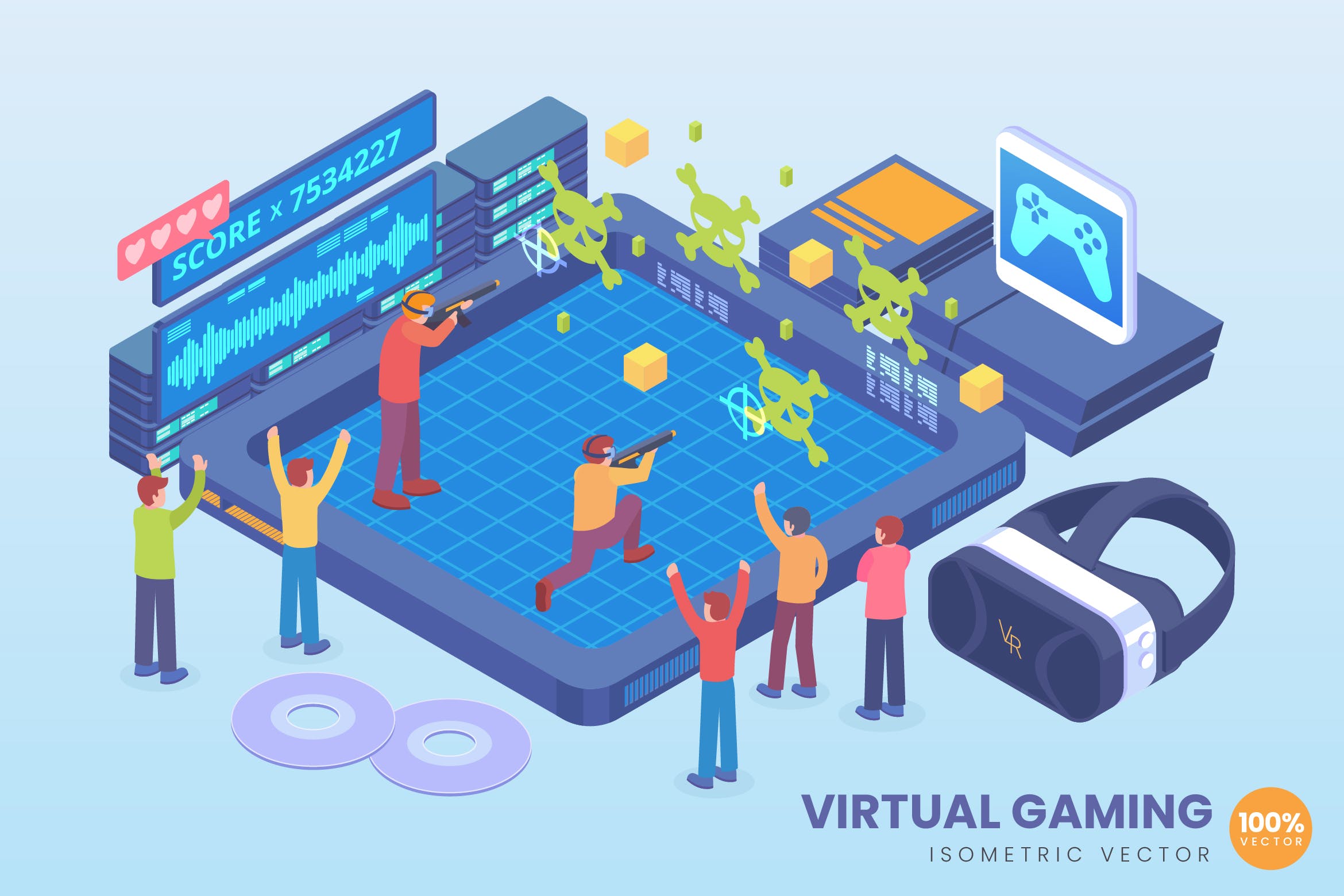 虚拟游戏技术等距矢量非凡图库精选概念插画素材 Isometric Virtual Gaming Technology Vector Concept插图