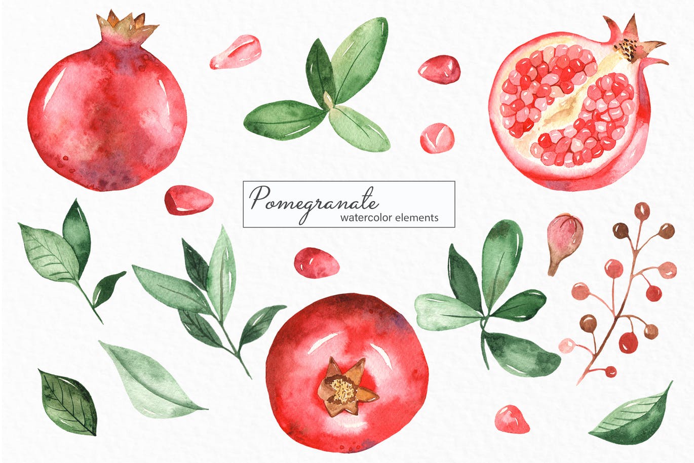 水彩石榴剪贴画/花框/花环素材库精选设计素材 Watercolor pomegranate. Clipart, frames, wreaths插图(2)