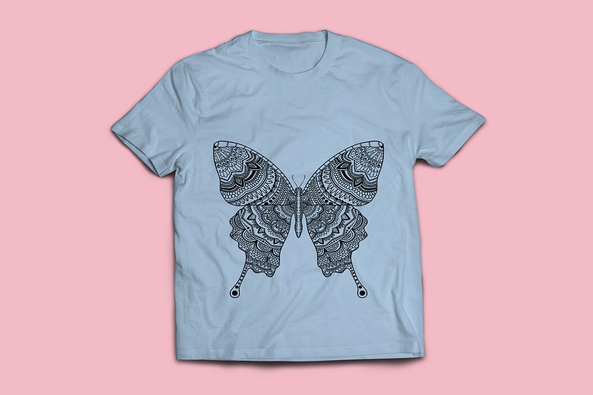 蝴蝶-曼陀罗花手绘T恤印花图案设计矢量插画普贤居精选素材 Butterfly Mandala Tshirt Design Illustration插图(3)