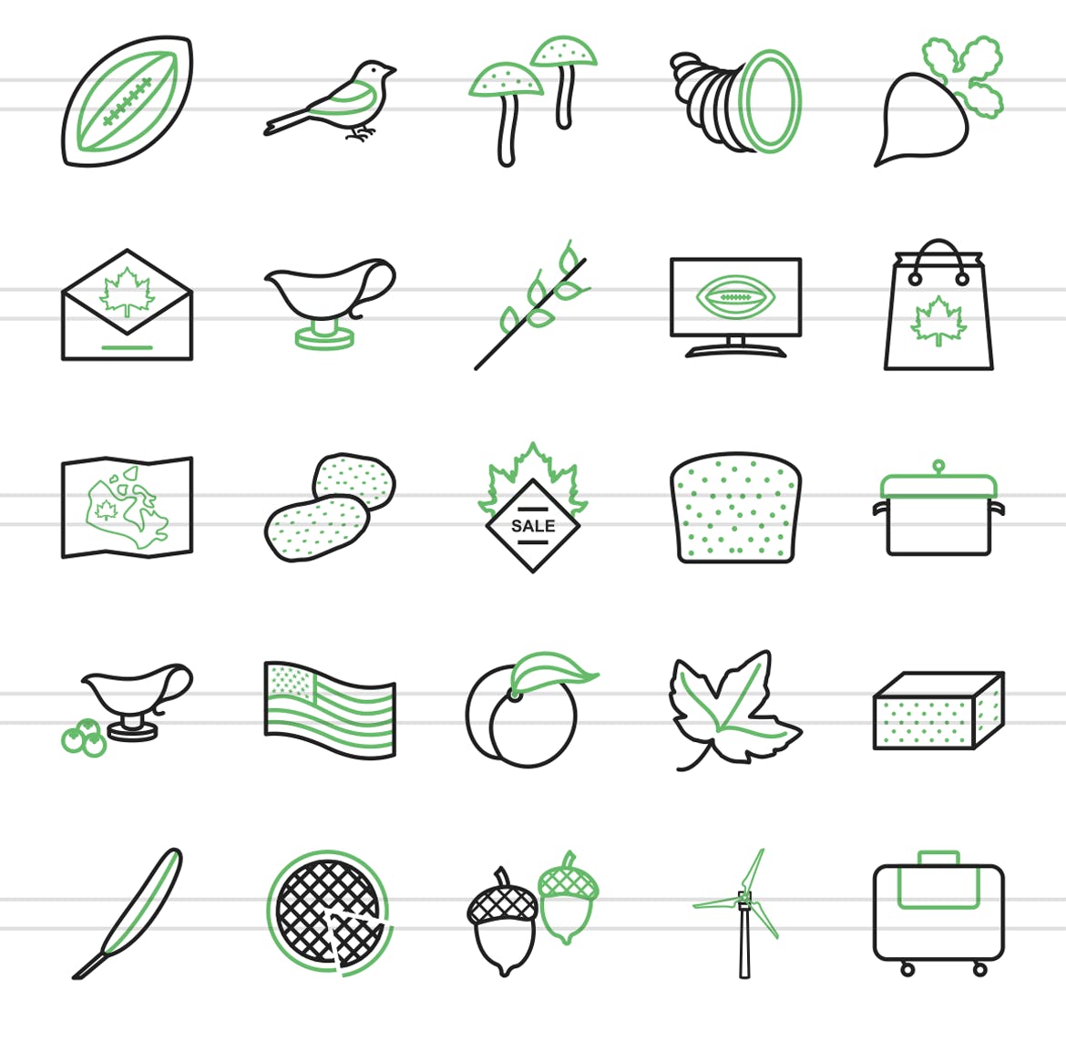 50枚感恩节主题绿黑配色矢量线性素材库精选图标 50 Thanksgiving Line Green & Black Icons插图(2)