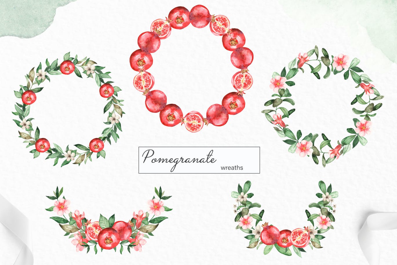 水彩石榴剪贴画/花框/花环16图库精选设计素材 Watercolor pomegranate. Clipart, frames, wreaths插图(5)