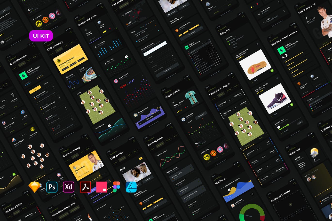 足球赛事APP应用UI设计非凡图库精选套件[黑暗模式版本] Soccer mobile app – Dark UI插图