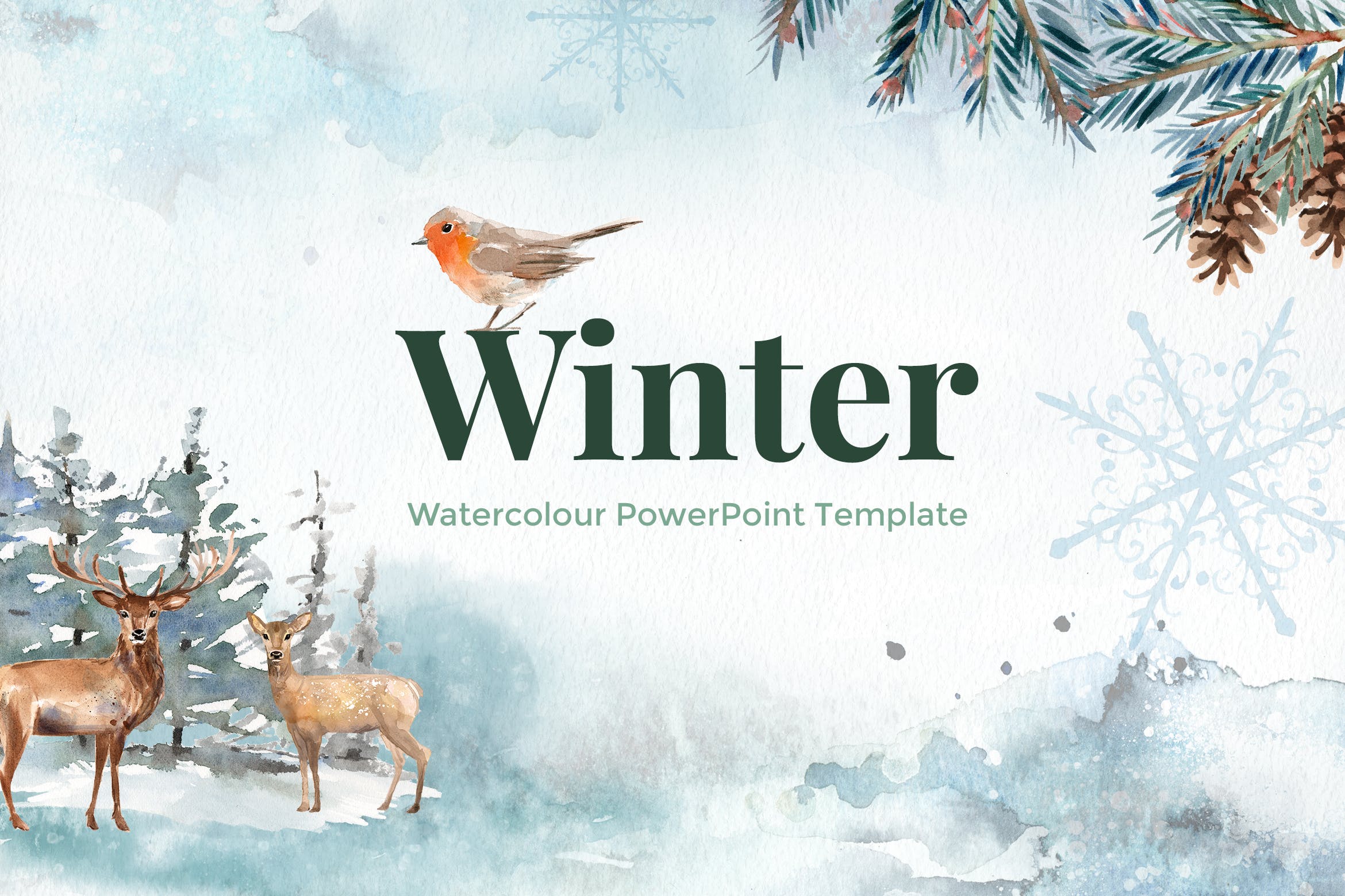 冬季水彩设计风格素材天下精选PPT模板下载 Winter – Watercolour PowerPoint Template插图