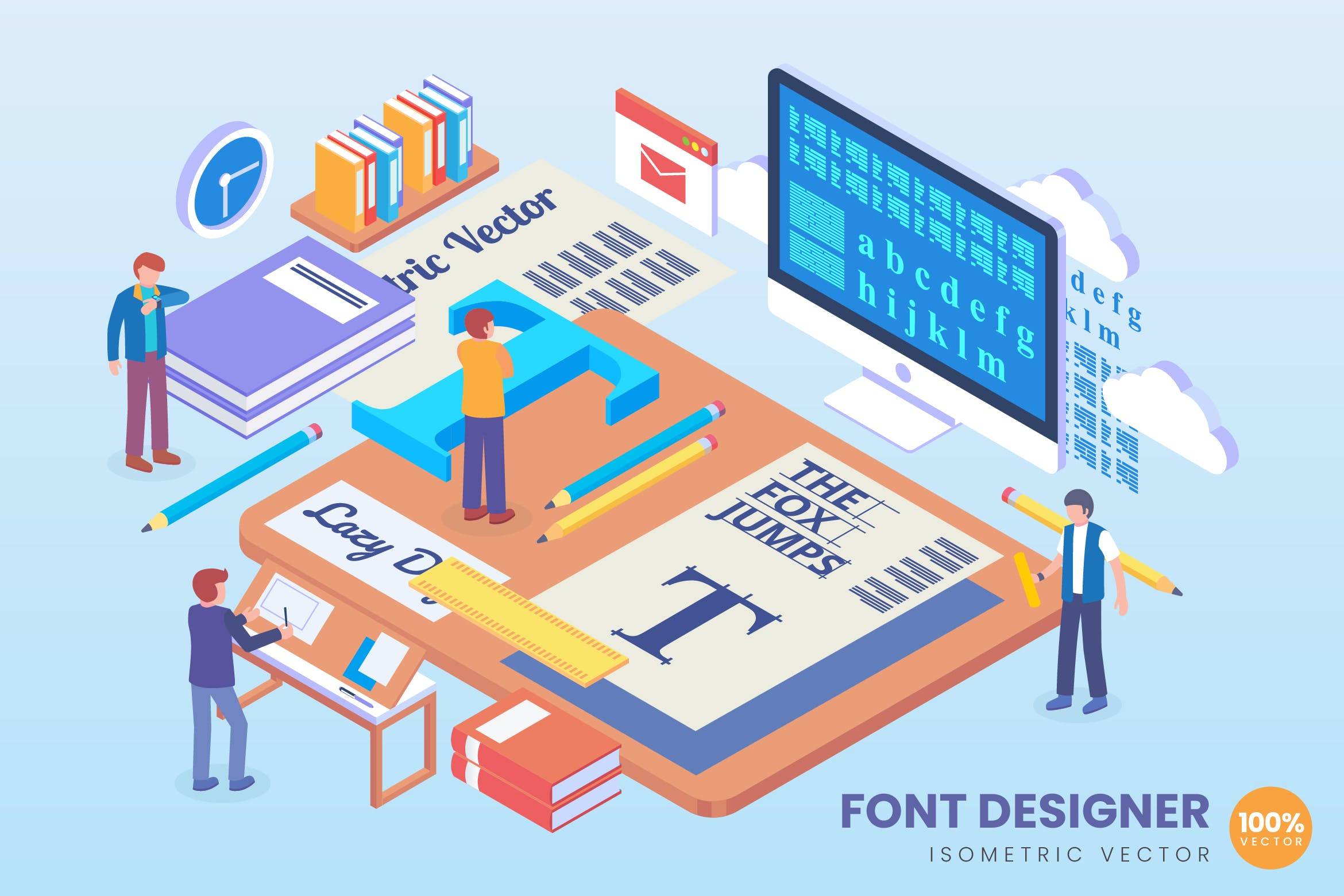 字体设计主题等距矢量素材中国精选科技概念插画 Isometric Font Designer Vector Concept插图