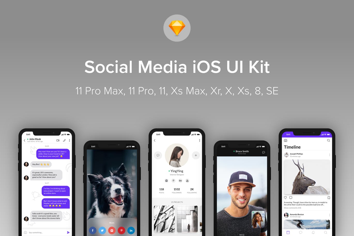 iOS平台社交媒体APP应用UI设计16设计网精选套件[for SKETCH] Social Media iOS UI Kit (Sketch)插图
