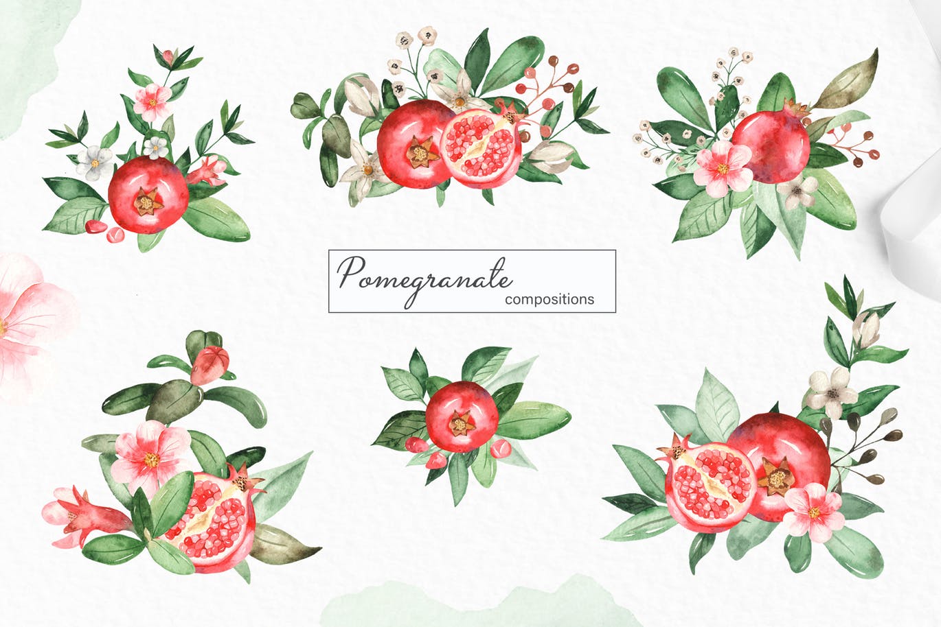 水彩石榴剪贴画/花框/花环素材库精选设计素材 Watercolor pomegranate. Clipart, frames, wreaths插图(1)