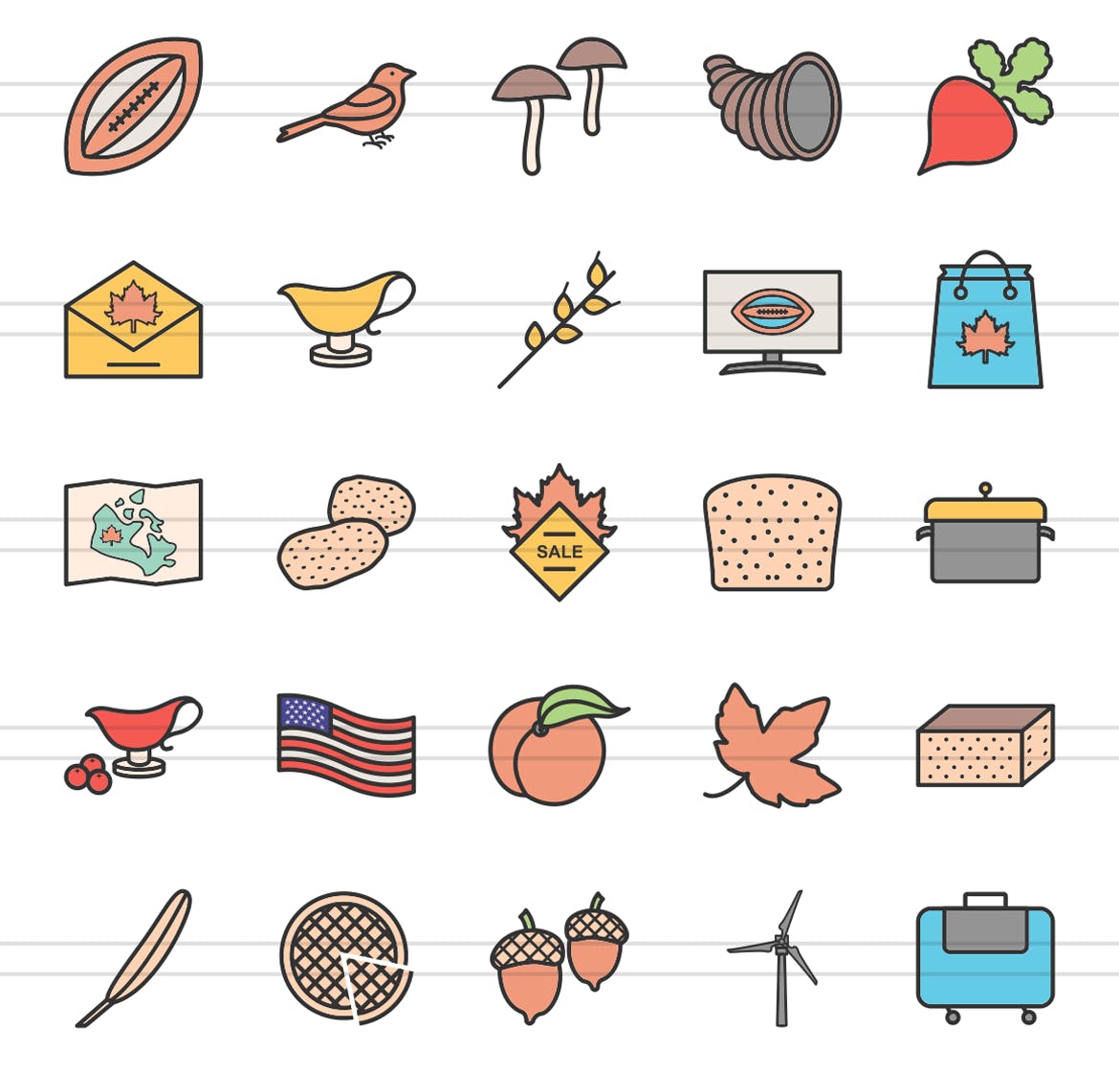 50枚感恩节颜色填充线性非凡图库精选图标素材 50 Thanksgiving Filled Line Icons插图(2)