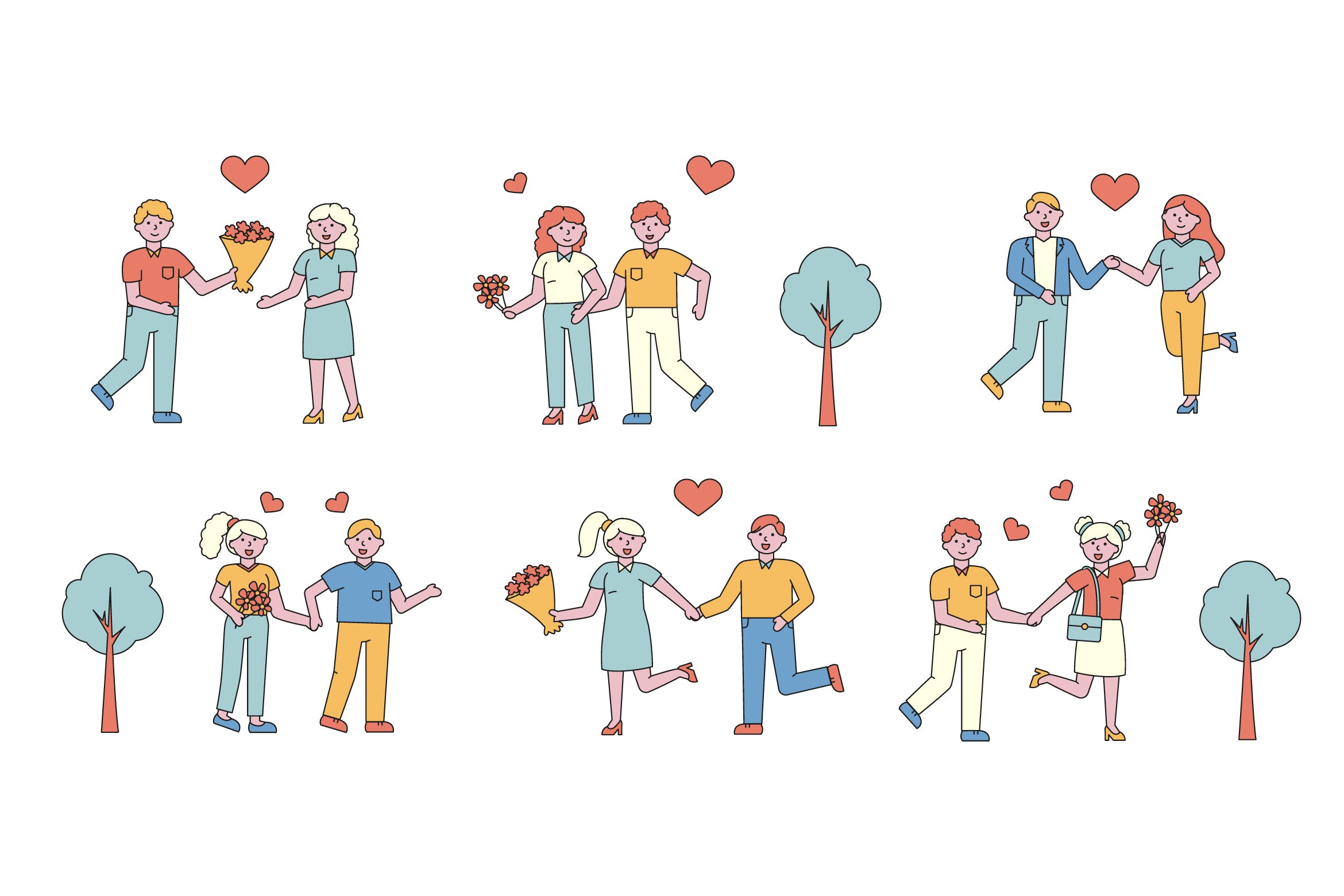情侣爱情主题人物形象线条艺术矢量插画素材库精选素材 Romantic Lineart People Character Collection插图